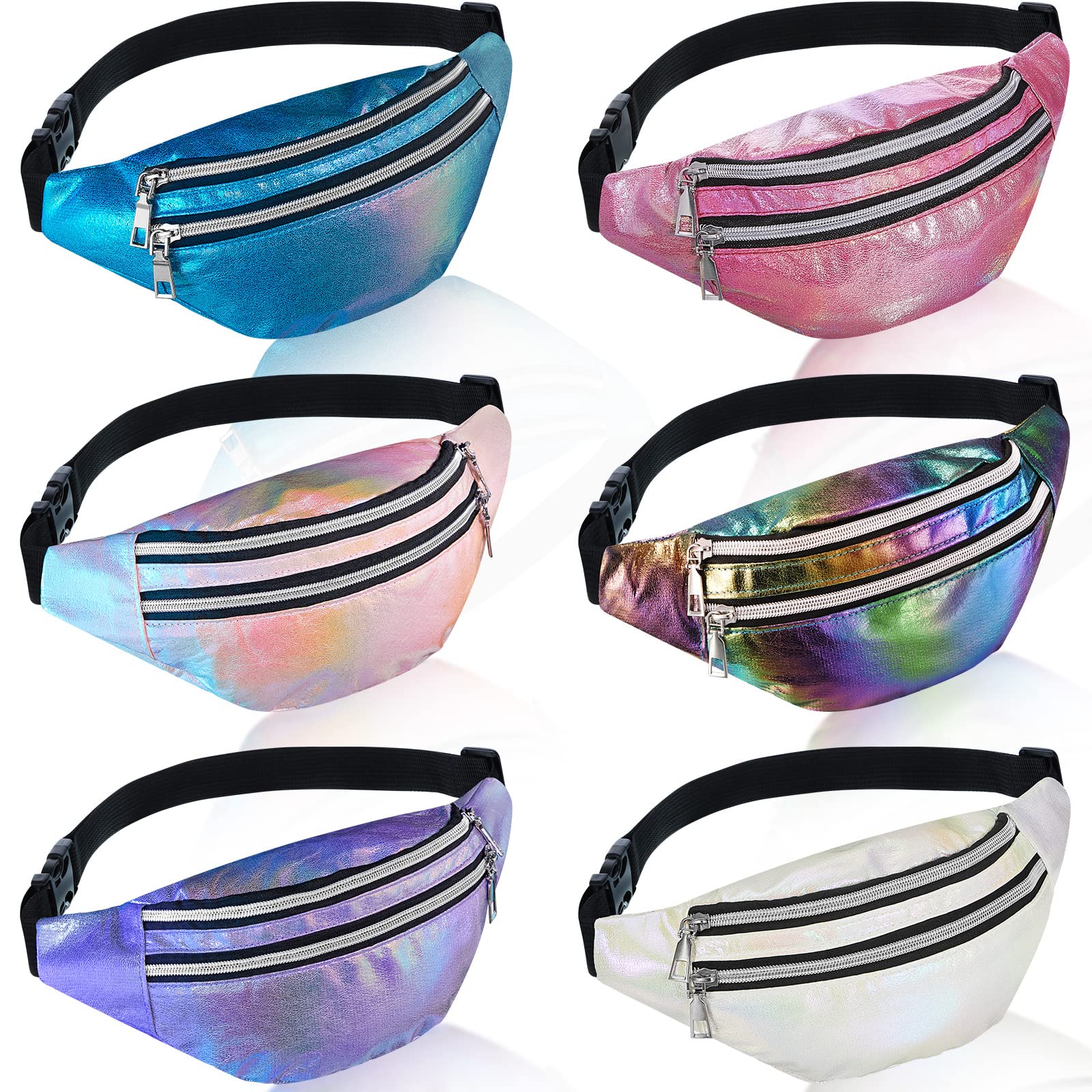 6 Pieces Holographic Fanny Pack Shiny Waist Bag with Pouches and Adjustable Belt Waterproof Neon PU Waist Pack Waist Bag for Traveling Running