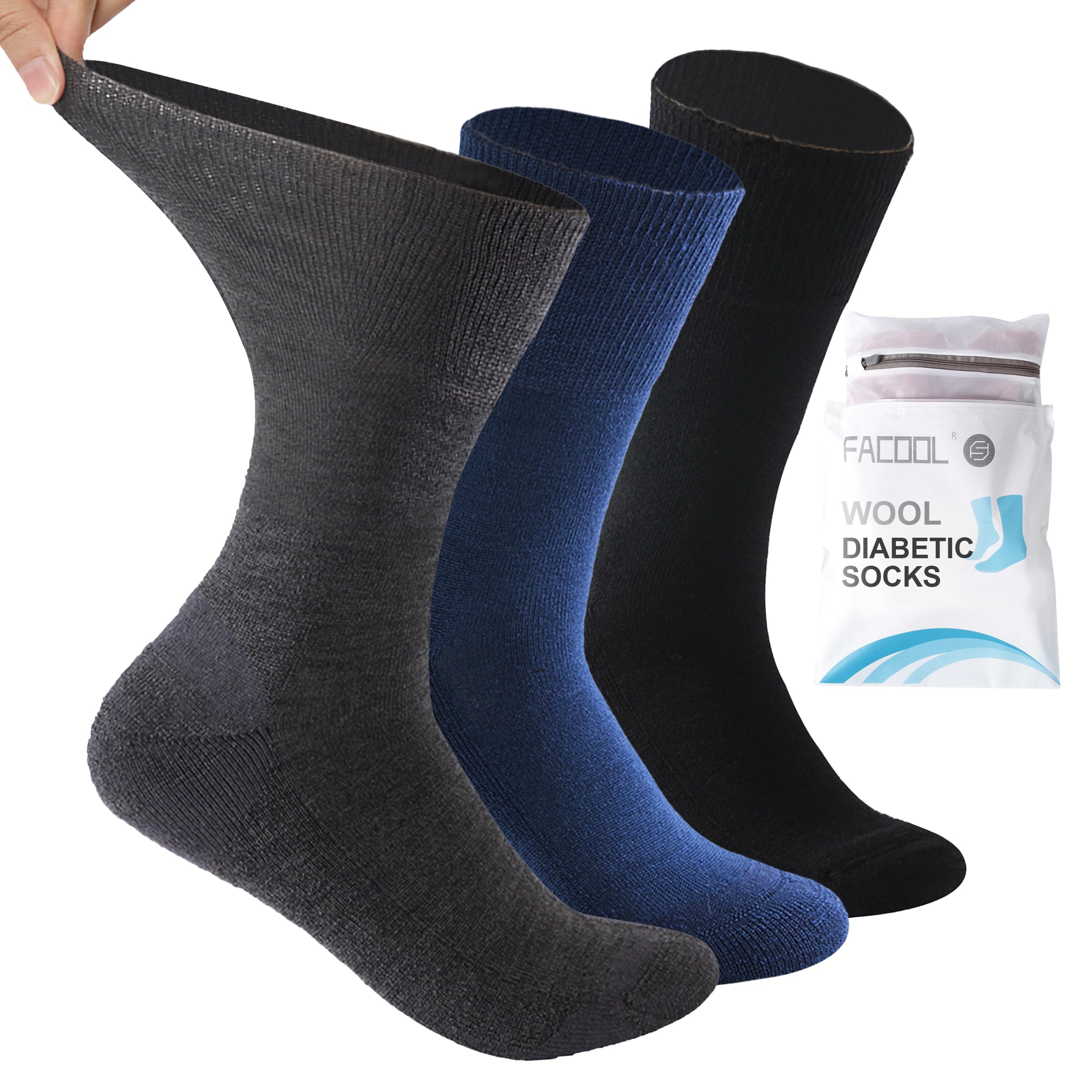 Facool Unisex Multicolor (1 X Black, 1 X Dark Grey, 1 X Navy Blue) Non-Binding Diabetic Socks, Men Women Merino Wool Moisture Wicking Soft Loose Top Non Slip Seamless Diabete Socks, 3 Pairs Black+Dark Grey+Navy Blue, Us Women 6-8.5 / Us Men 4-7.5