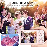 Vista 2 de Cámara digital rosa 4K sin tarjetas SD, cámara para apuntar y disparar con flash, fácil de usar, perfecta para principiantes, ideal para viajes