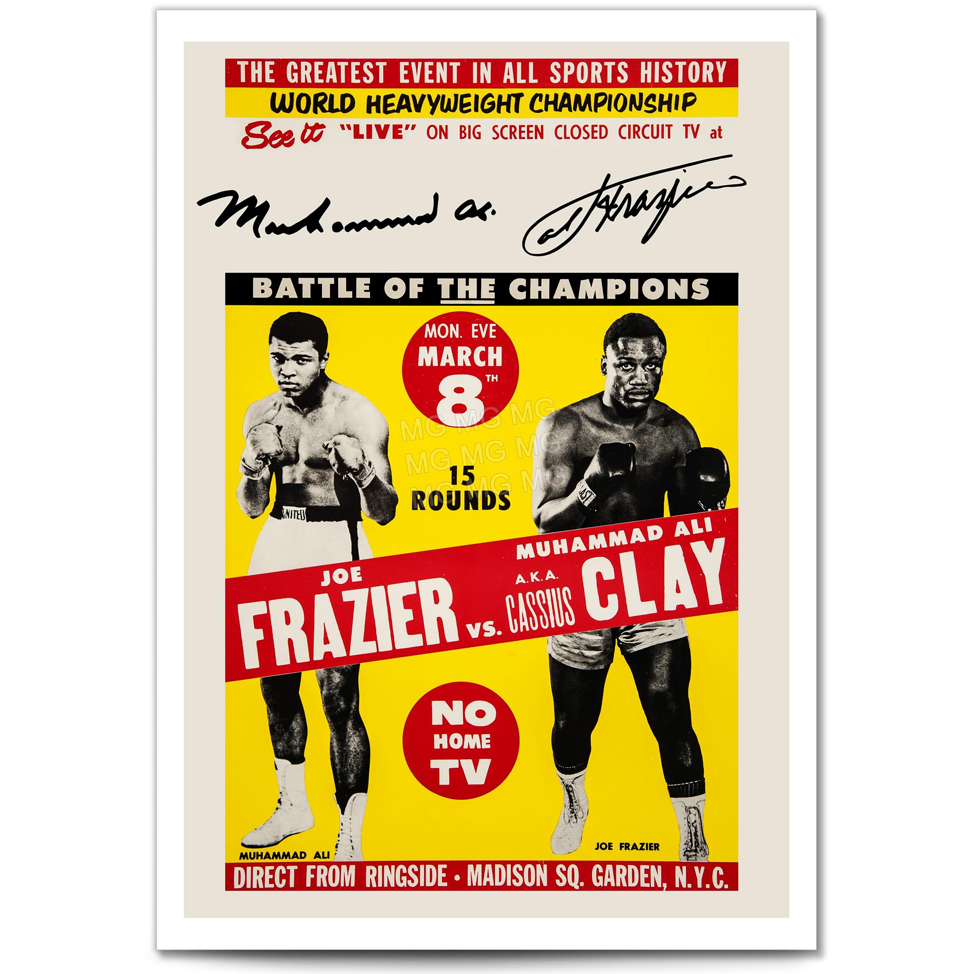 Mounted Gifts Trading Muhammad Ali Cassius Clay Famous Fight Posters Signed A4 Poster Photo Print Framed Autograph Gift Boxing Historic Heavyweight Title Fight (Ali vs Frazier, A4 Poster Only)