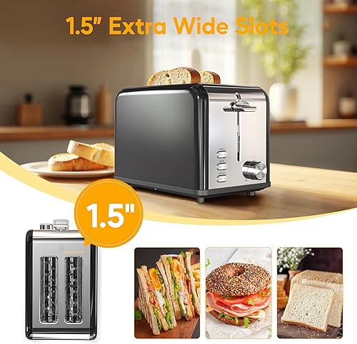 Miniatura 2 de HealSmart Tostadora de acero inoxidable de 2 rebanadas, 6 ajustes de tostado y tostadora de 3 funciones, ranura extra ancha y bandeja extraíble para