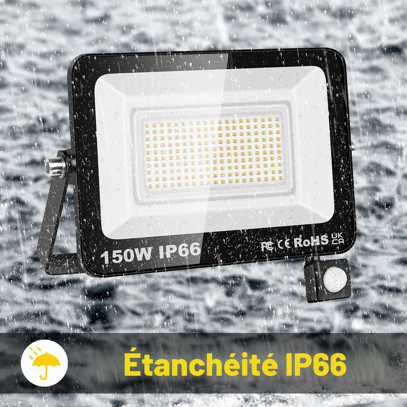 RIGIDON 150W Projecteur LED Avec Détecteur de Mouvement, 15000LM 4000K Blanc chaud Spot LED Extérieur Avec Détecteur IP66 Etanche, Éclairage de Sécurité Extérieur pour Jardin Patio Garage Terrasse