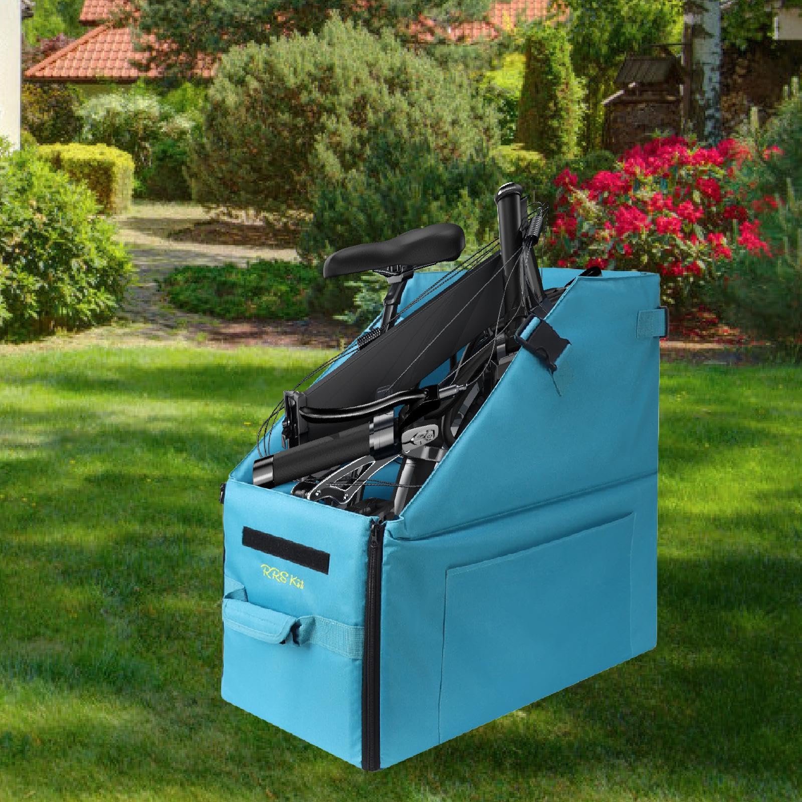 Vaveren Folding Bike Storage Box,Bicycle Organizer Carrying Zipper Carrier Travel Case with Dust Cover for Outdoor Cycling, Bright Blue