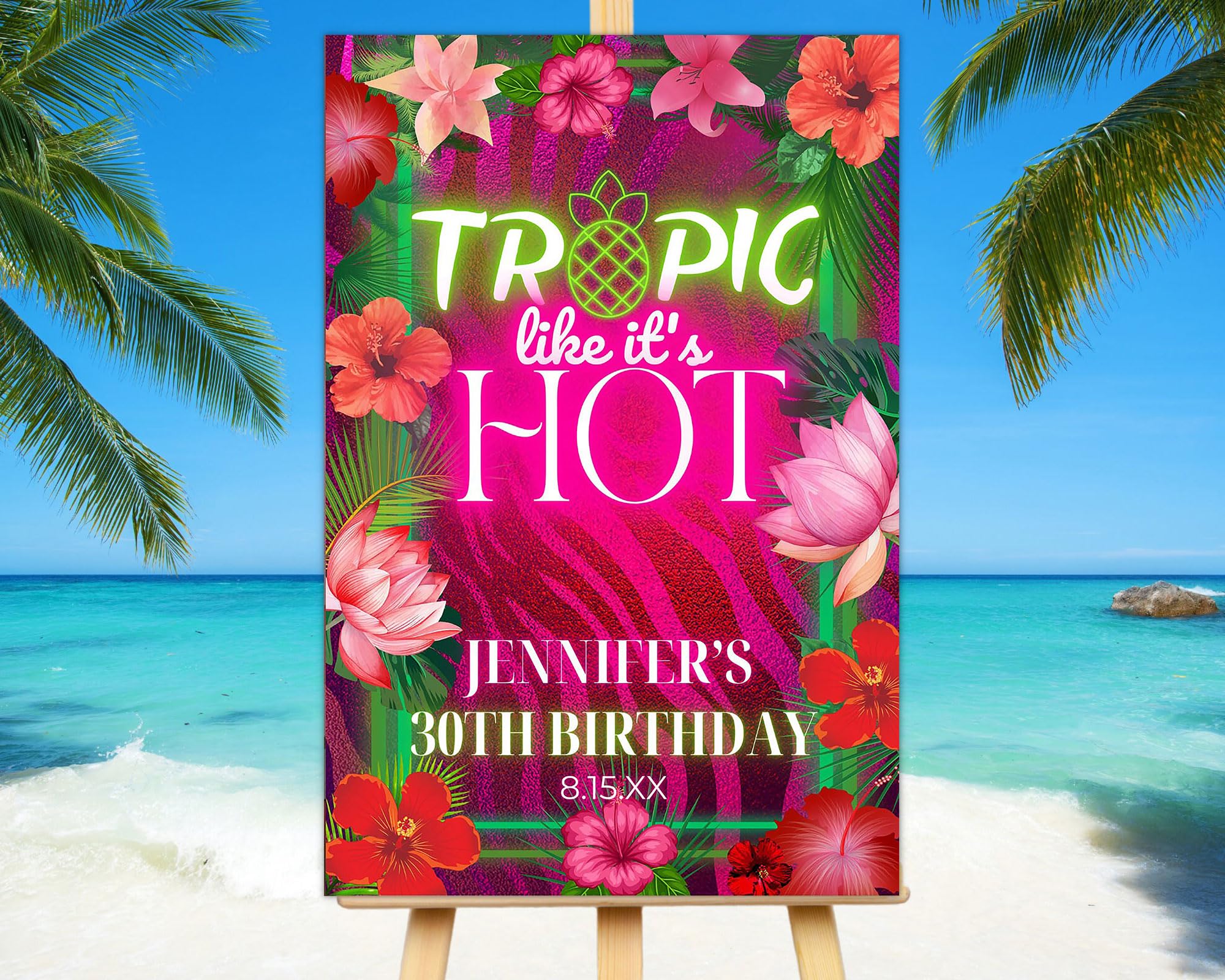 HAQCO Customized Tropical Floral Pink Tropic Like It'S Hot Birthday Party Welcome Sign, Personalized Poster