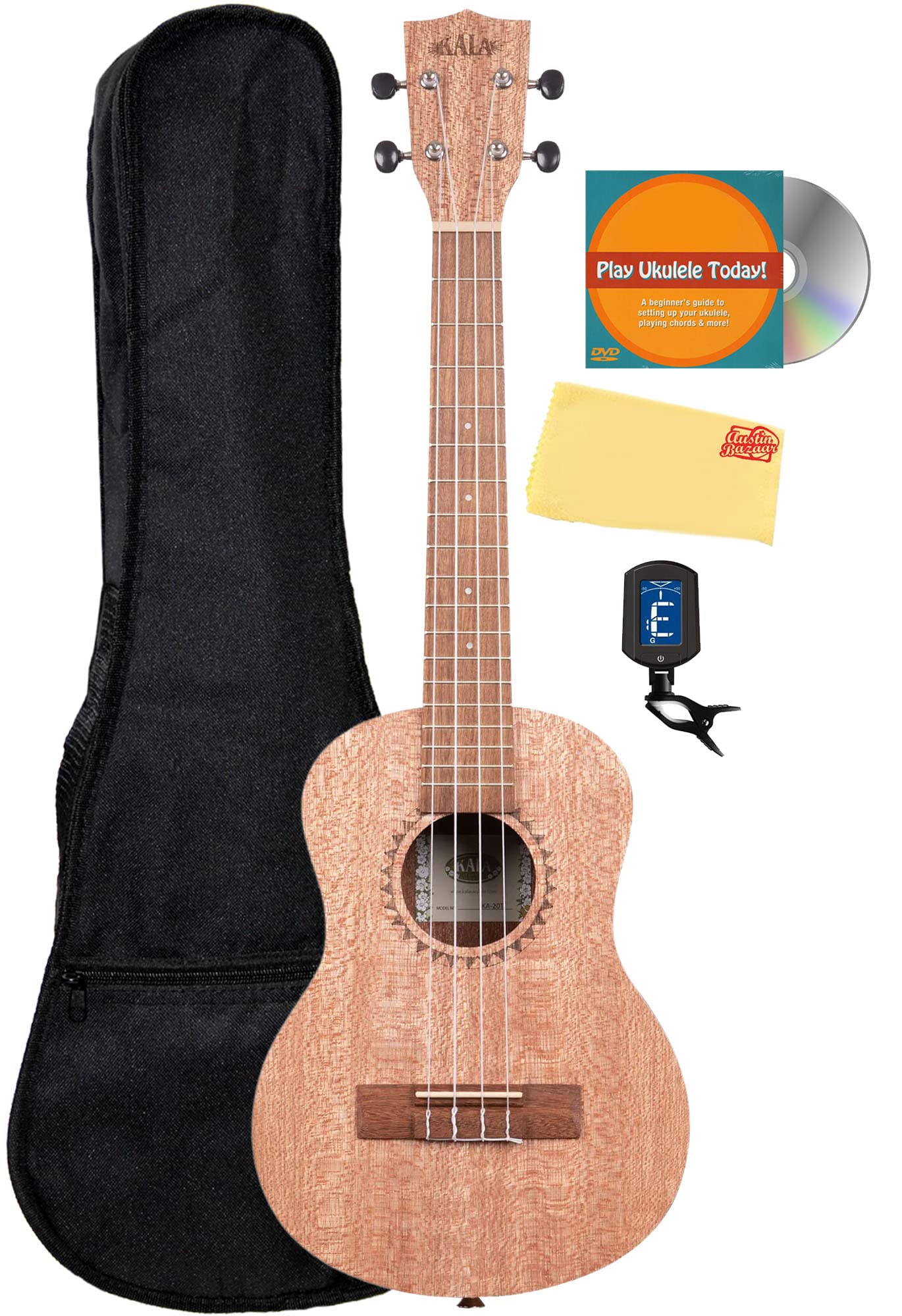 Kala KA-20T Burled Meranti Tenor Ukulele Bundle with Gig Bag, Tuner, Austin Bazaar Instructional DVD, and Polishing Cloth