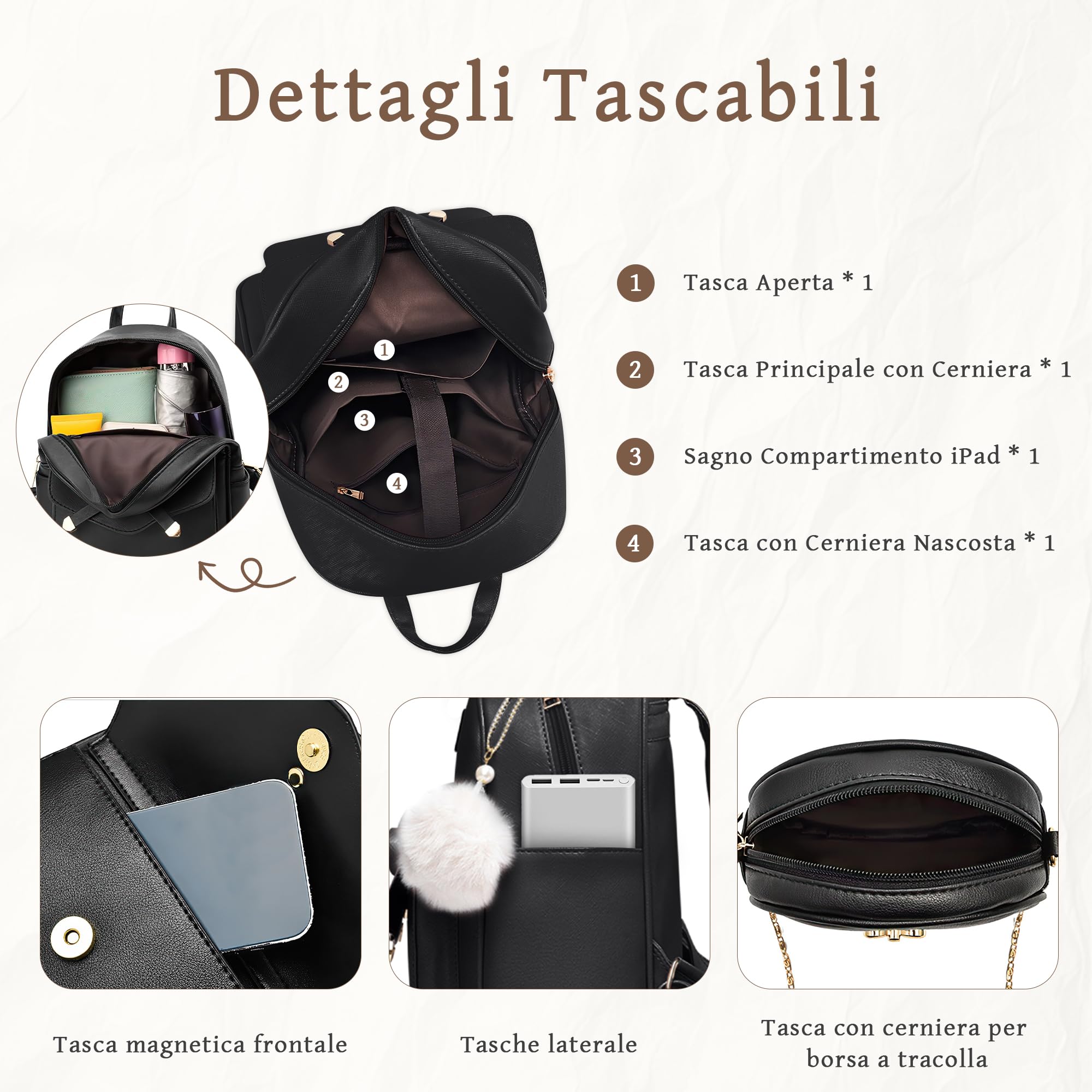 Zaino da Donna Antifurto Zainetto Piccolo in Pelle PU Borsa Zaini Ragazza con Cute Bowknot Borse a Tracolla Set 3 Pezzi con Portafoglio per Viaggio Lavoro Ufficio