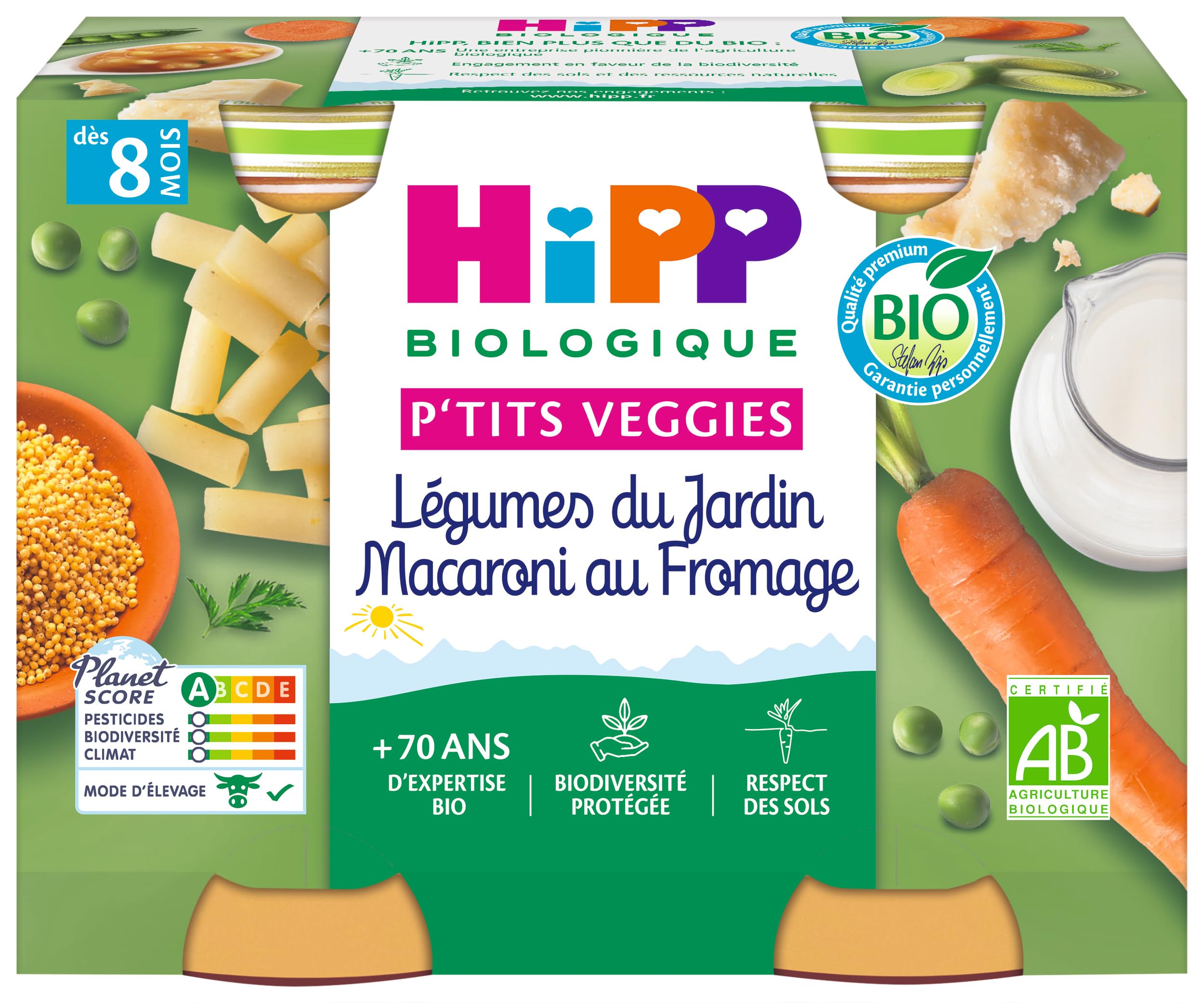 HiPP - P'tits Veggies - Légumes du Jardin Macaroni au Fromage - Pots - 2x190 g - BIOLOGIQUE