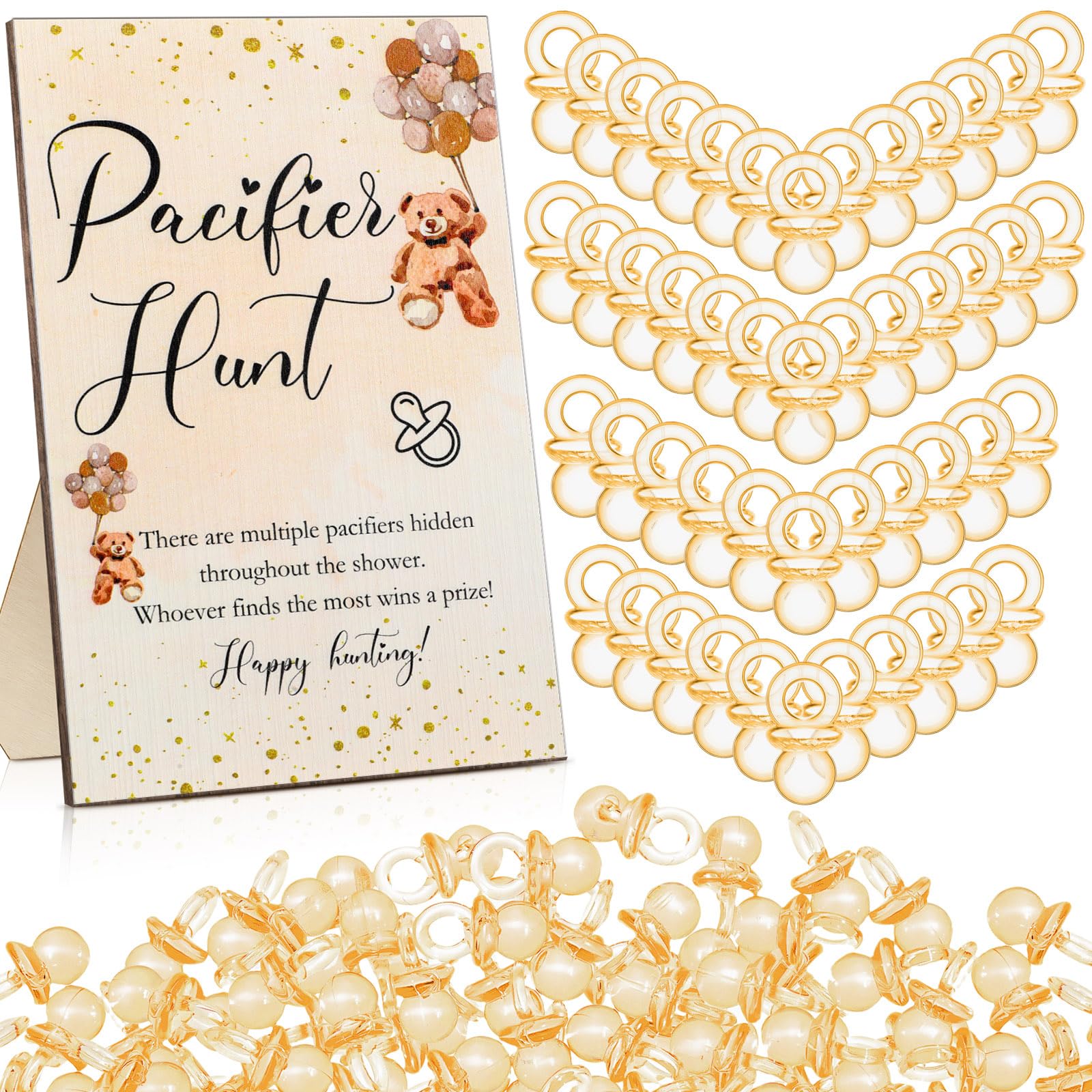 Roowest 51 Pcs Pacifier Hunt BabyShower Games Include Wooden Hunt Sign and 50 Acrylic Mini Plastic Pacifiers for BabyShower Game Decoration Gift Sets