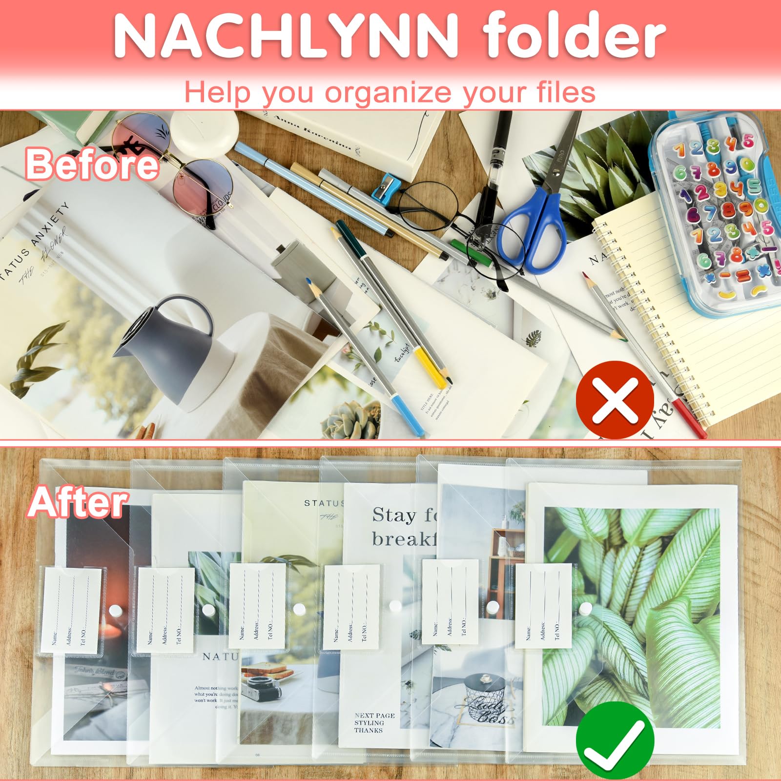 NACHLYNN Confezione da 108 buste in plastica in polietilene, 6 colori, formato A4, con etichetta, cartelle, portadocumenti, con chiusura a scatto, buste trasparenti per casa, lavoro, ufficio,