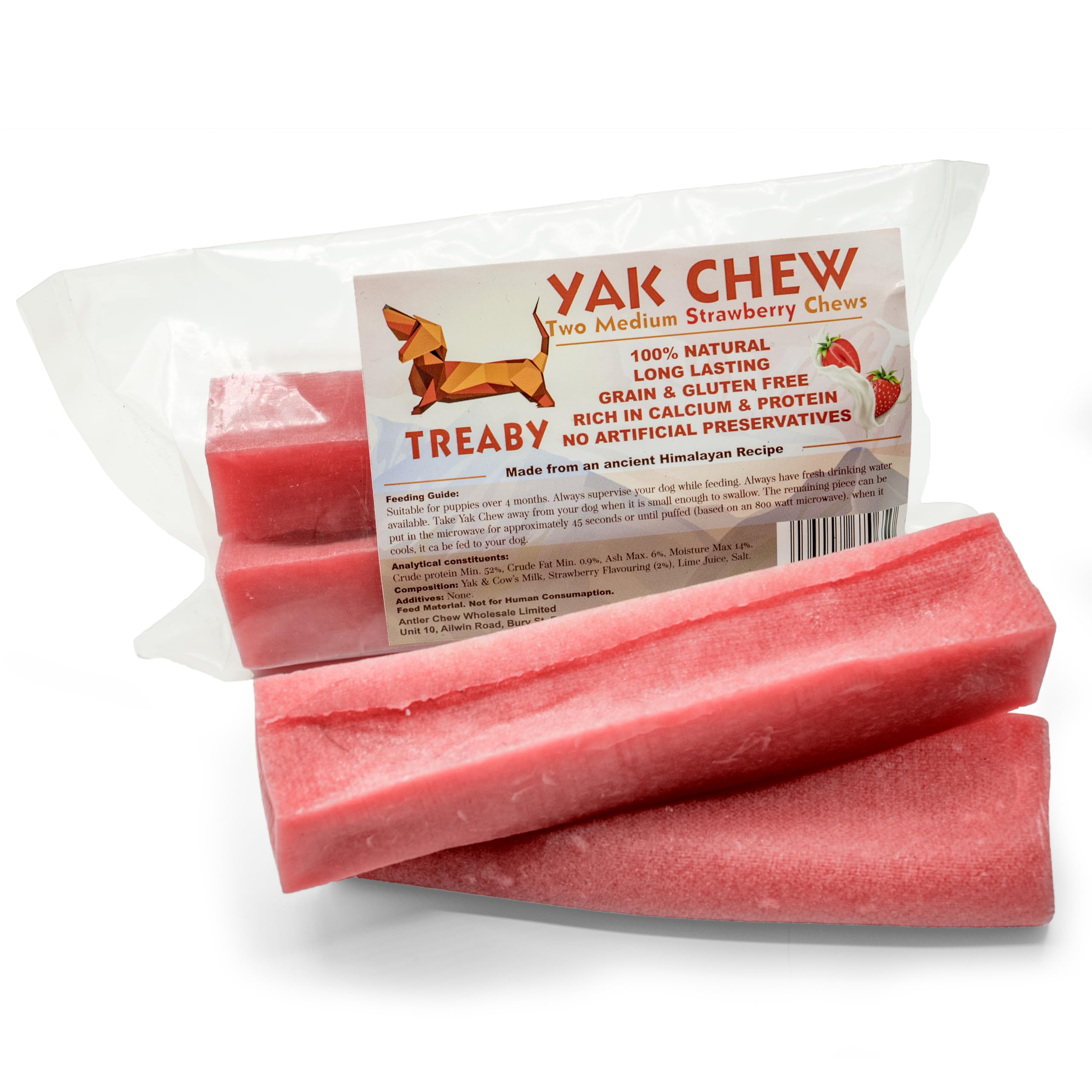Treaby Strawberry Himalayan Yak Milk Chews, Medium Dental Sticks (2 in Pack