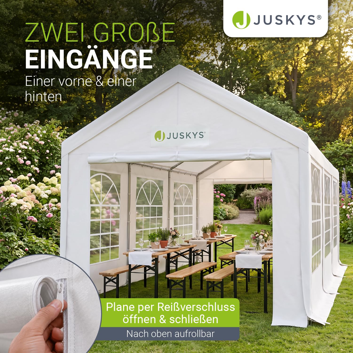 Juskys Partyzelt Gala 3 x 6 m - UV-Schutz Plane, Flexible Seitenwände - Pavillon stabil, groß - Outdoor Party Garten - Zelt Festzelt Weiß