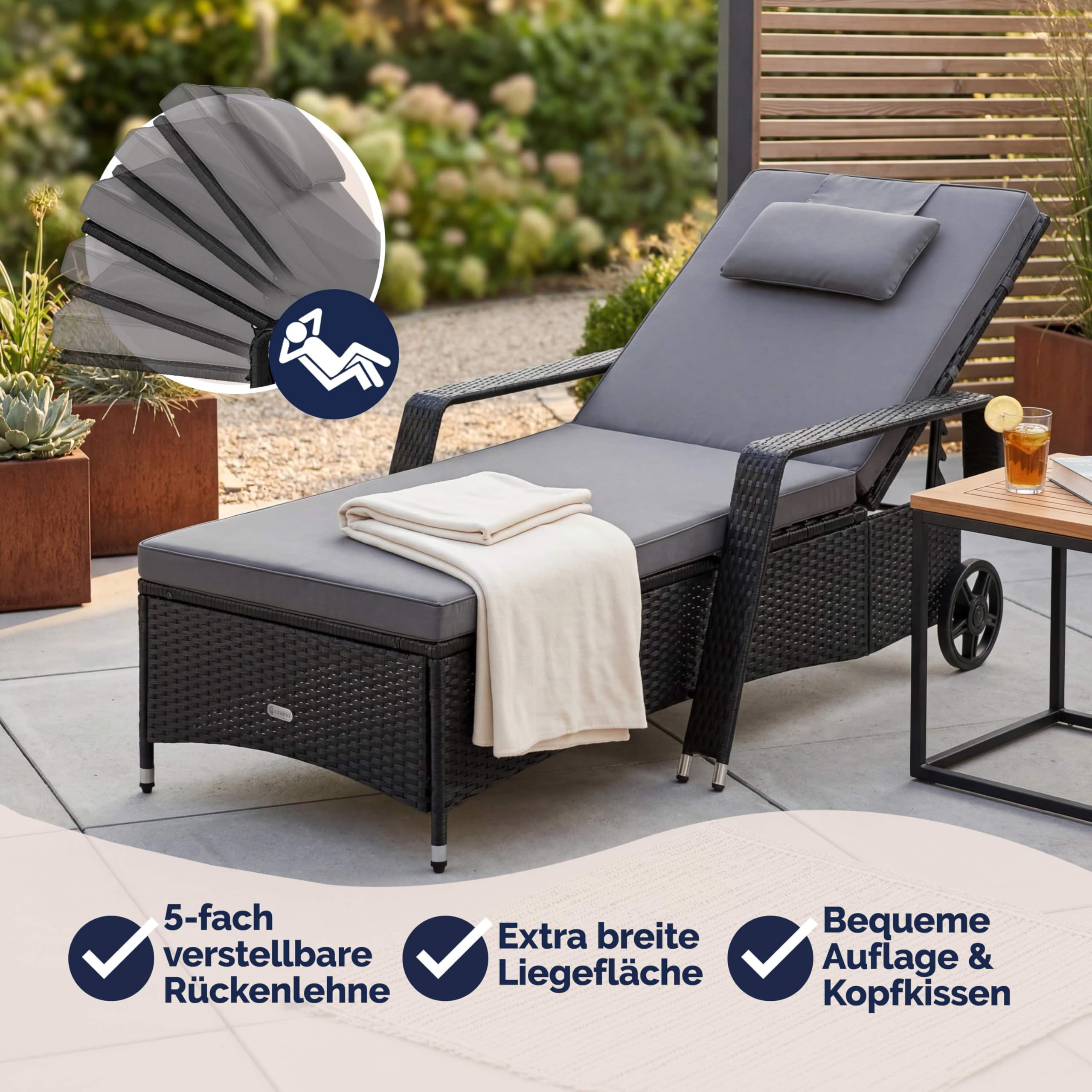 Casaria® Sonnenliege 2er Set mit Rollen 7cm Auflage Extra Breit 90cm Gartenliege Wetterfest 165kg Belastbar Terrasse Balkonmöbel Liegestuhl Schwarz Anthrazit