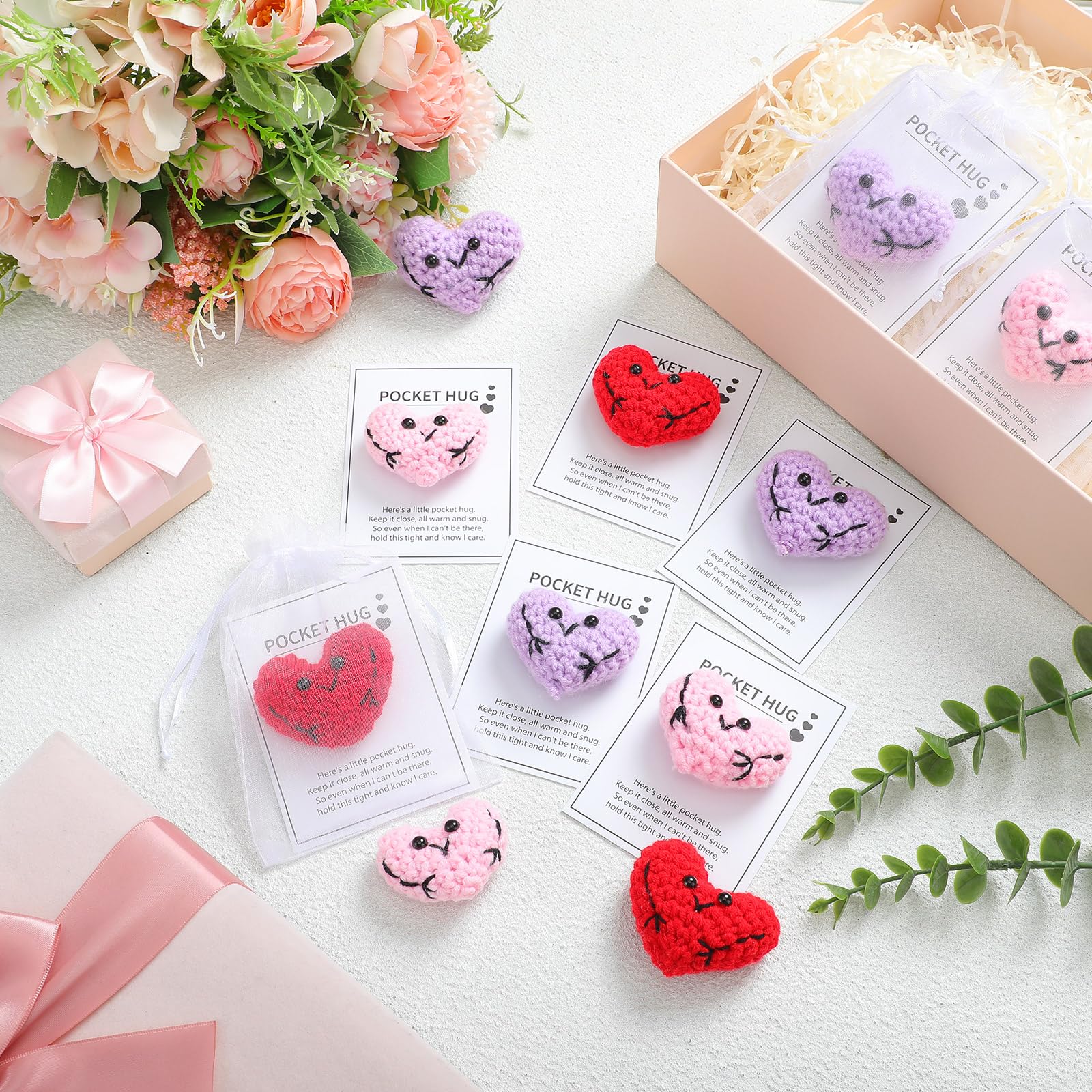 Daifunli 12 Sets Valentine‘s Day Pocket Hug Heart Gift Crocheted Pocket Hug Token Thinking of You Encouragement Handmade Crocheted Love Long Distance Gift for Boyfriend Girlfriend Wedding