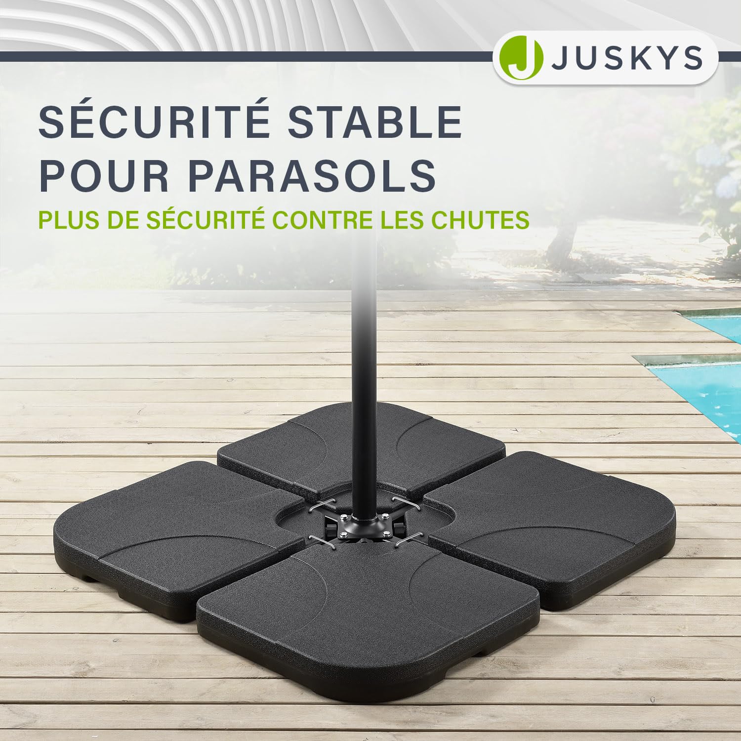 Juskys Poids de lestage pour parasol Quad, ensemble de 4 poids - pouvant être remplis avec 60 litres d'eau ou 80 kg de sable - en plastique HDPE (polyéthylène de haute densité) pied de parasol