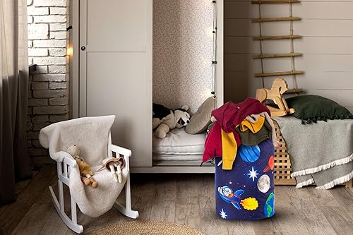 Miniatura 9 de Cesta de lavandería para niños, tema de cohete espacial de astronauta, impermeable, plegable con asas, cesta de lona para cuarto de bebé de 45 L,