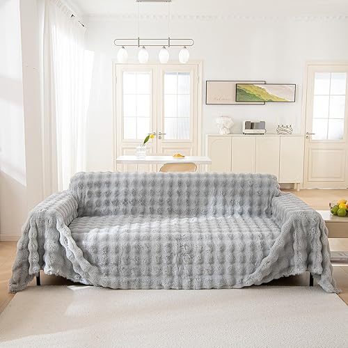 AMWAN Funda de sofá de piel sintética de conejo ultra suave para sofá, cama, larga, gruesa, cálida, esponjosa, para perros, gatos, niños, manta