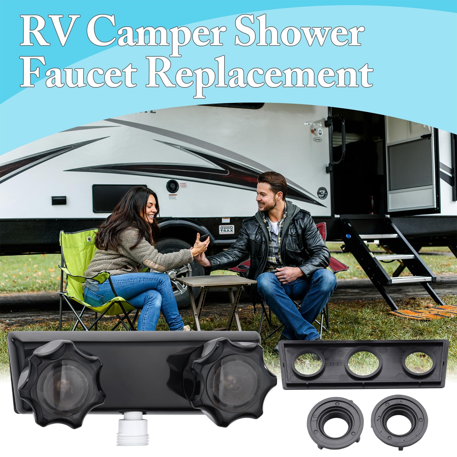 Grifo de ducha de repuesto para caravana, grifo de ducha de cámper, válvula de ducha de 4 pulgadas para exteriores e interiores, kit de ducha con pomos de ducha acrílicos dobles (negro completo)