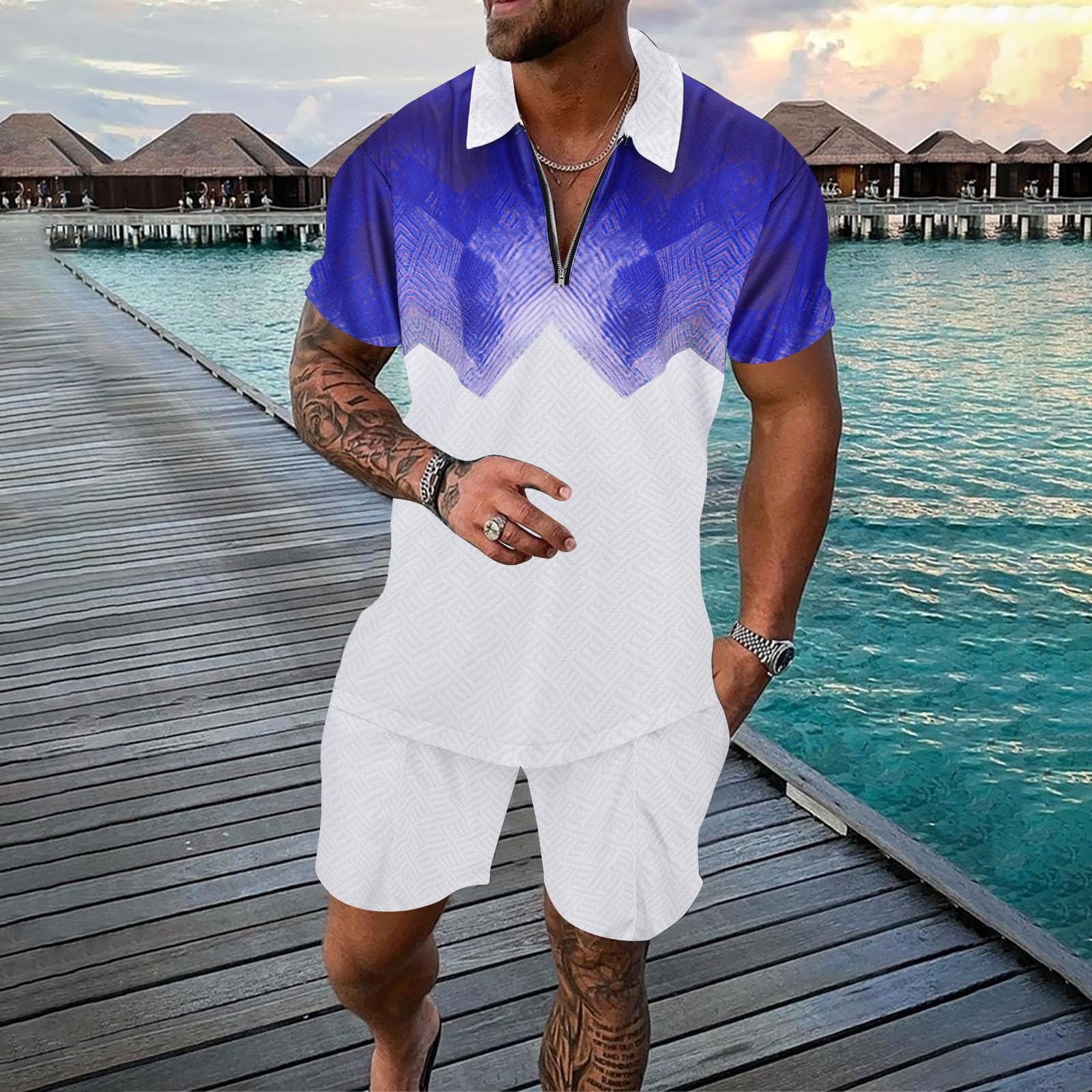 Herren Trainingsanzug Set 2-teilige Sommershirts Polo Shirt Anzugshorts Gedruckte Freizeitanzug Sportstyle Joggeranzug Gym Laufshirts Casual Sportshorts Sweat Streetwear für Outdoor
