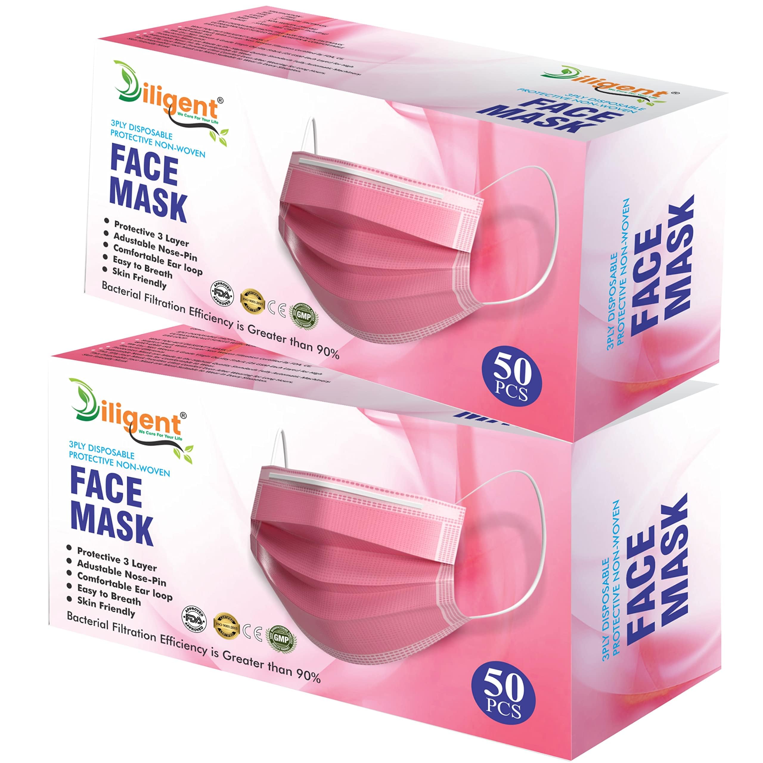 Diligent- We Care For your Life® Disposable 3 Layer Protective Face Mask for Daily Safety | Non-Woven Surgical Style Mask with Soft Ear Loops & Adjustable Nose Strip | (Pack of 100, Pink)