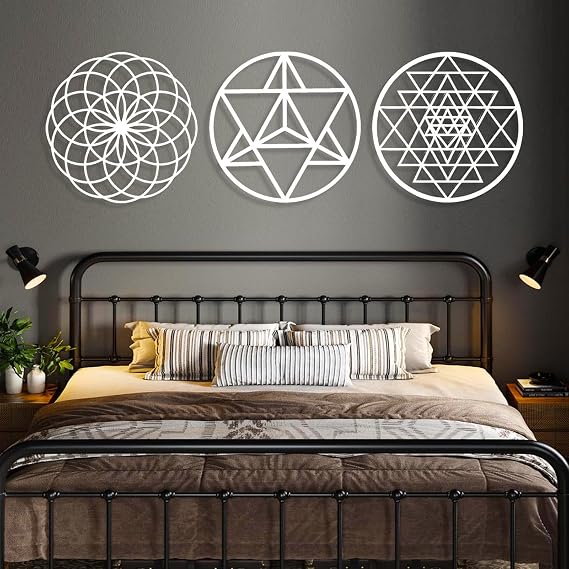 Sacred Geometry Set of 3 Metal Wall Art, Sri Yantra, Merkaba, Torus, Mandala Metal Wall Decor, Metal Geometric Decor, Spiritual Decor, Home Meditation Living Room Decor, Housewarming Gift (45x14 | 115x35cm, Gold)