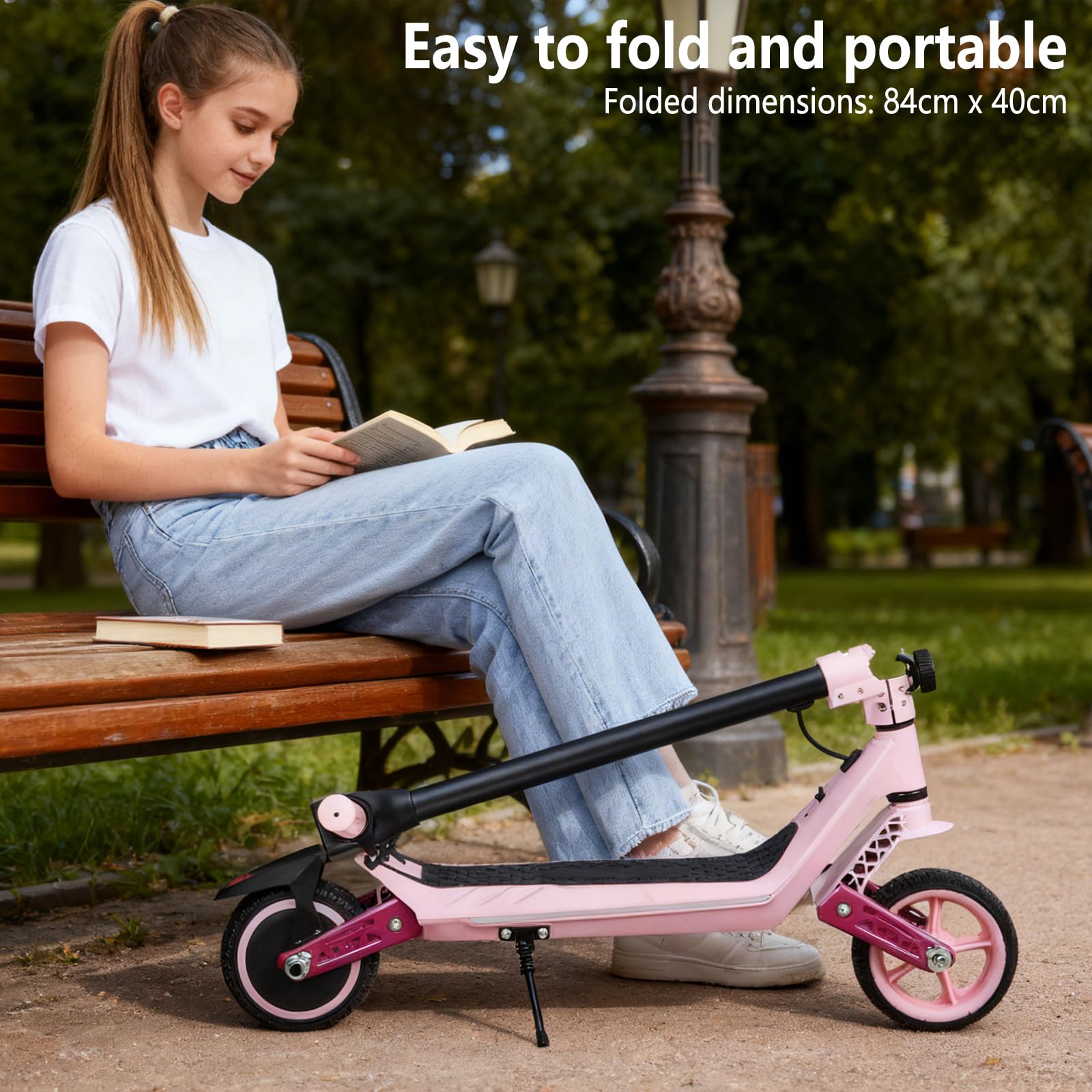 Monopattino elettrico elettrico per bambini, doppia sospensione con luci arcobaleno colorate e indicatore LED, portata 12 km, regalo per ragazzi e ragazze dai 6 anni in su (rosa)