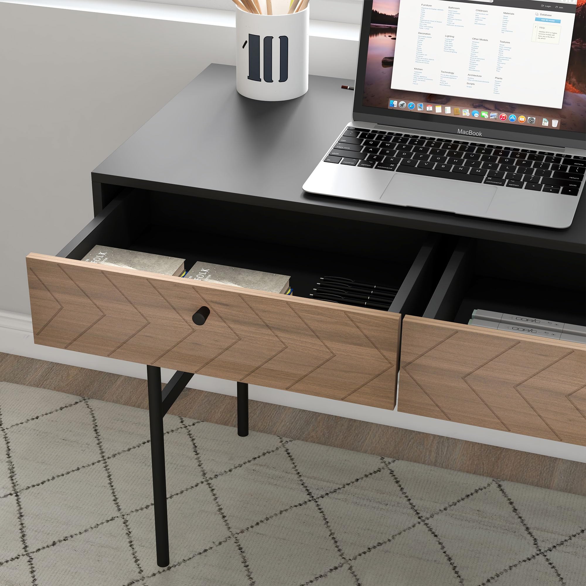 HOMCOM Escritorio con almacenaje Escritorio con cajones Mesa de Ordenador, Estructura metálica, 106L x 50W x 77H cm Negro