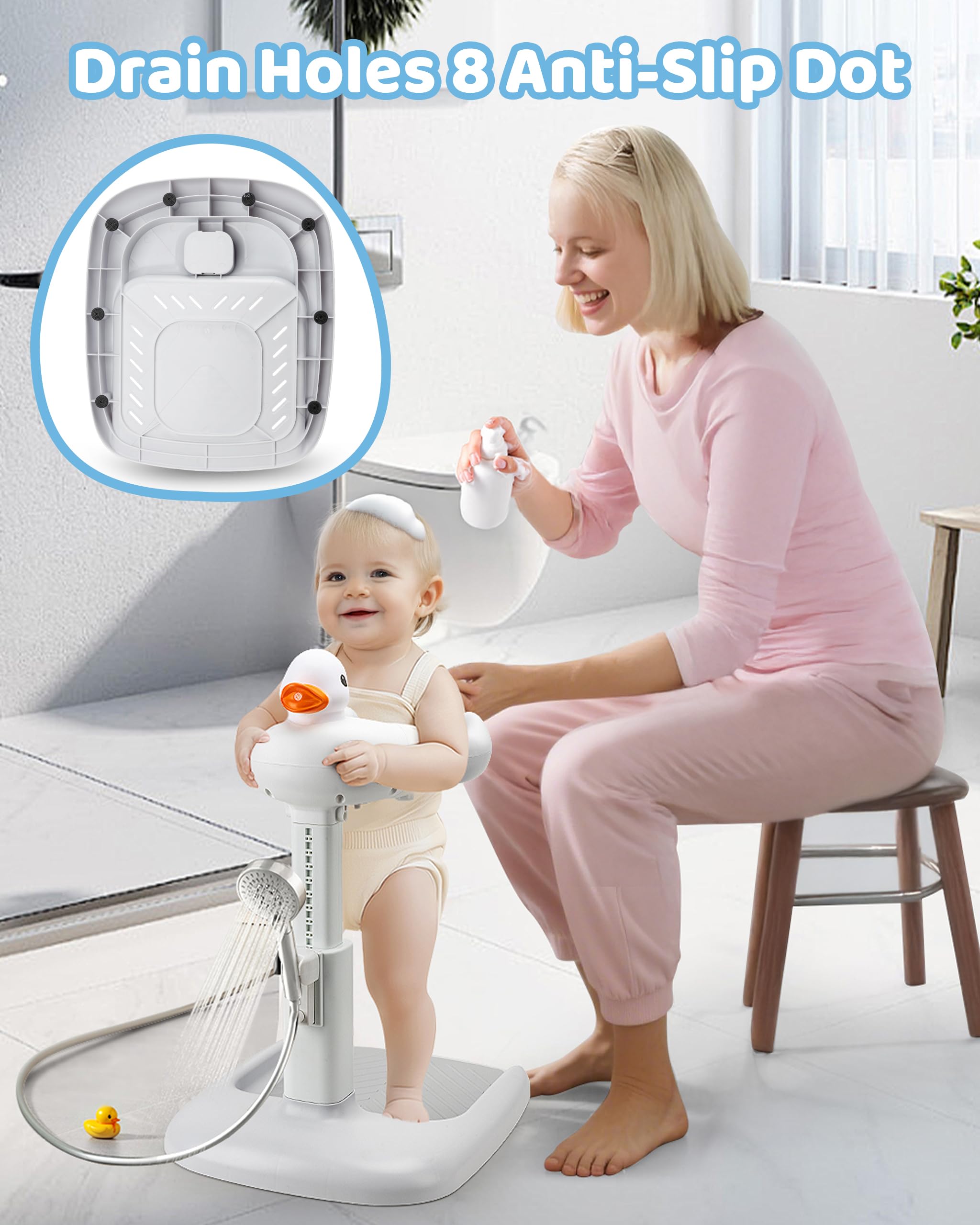 Altura ajustable para la bañera de bebé con asiento: ducha de pie con asiento para niños a partir de 6 meses – Base antideslizante y diseño de pato ayuda a la ducha infantil
