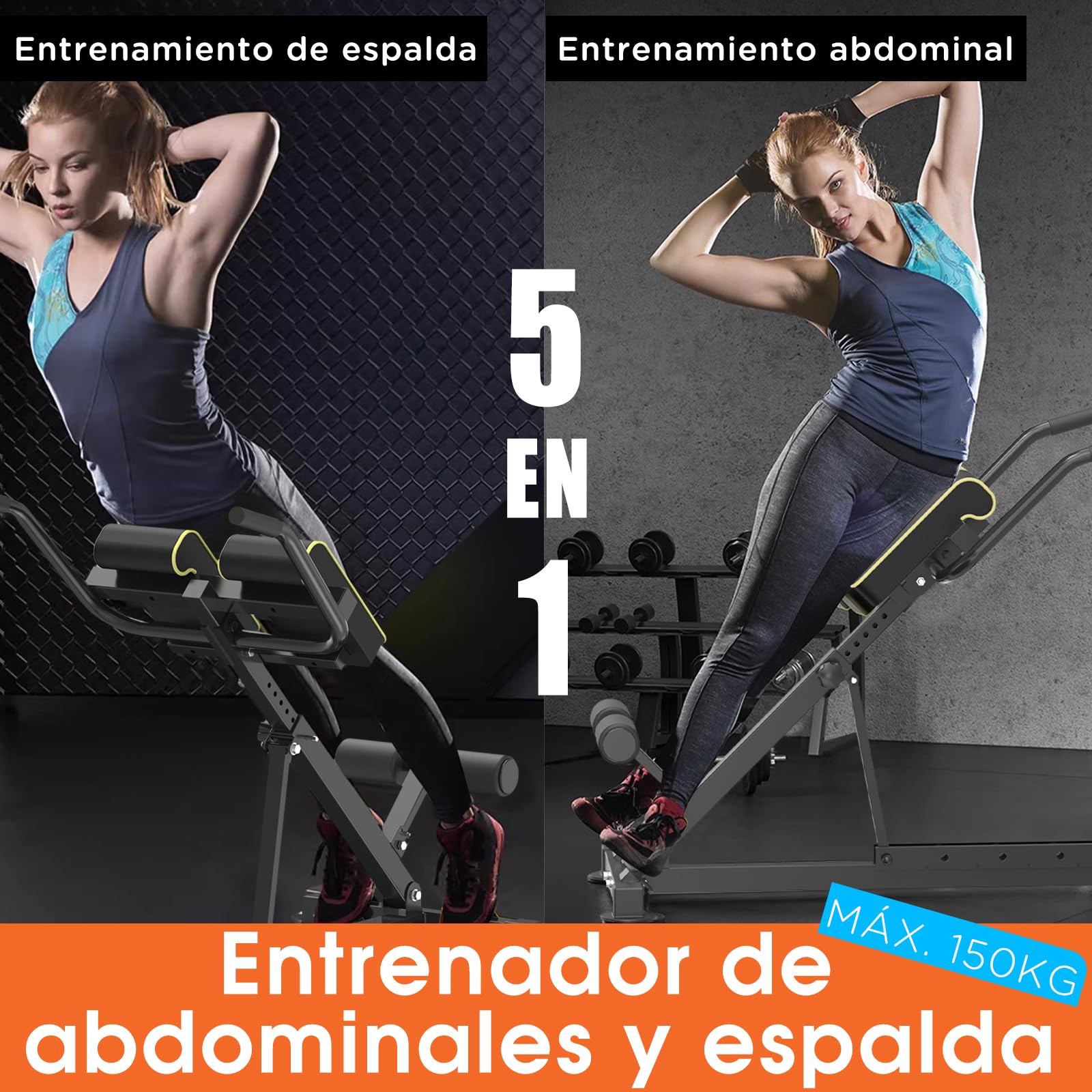 DH FitLife 5 en 1 Silla Romana Plegable, Banco de hiperextensión y de musculación, Altura y respaldo regulables, Soporta 150kg, Multifunción para entrenamiento de abdominales y espalda en casa