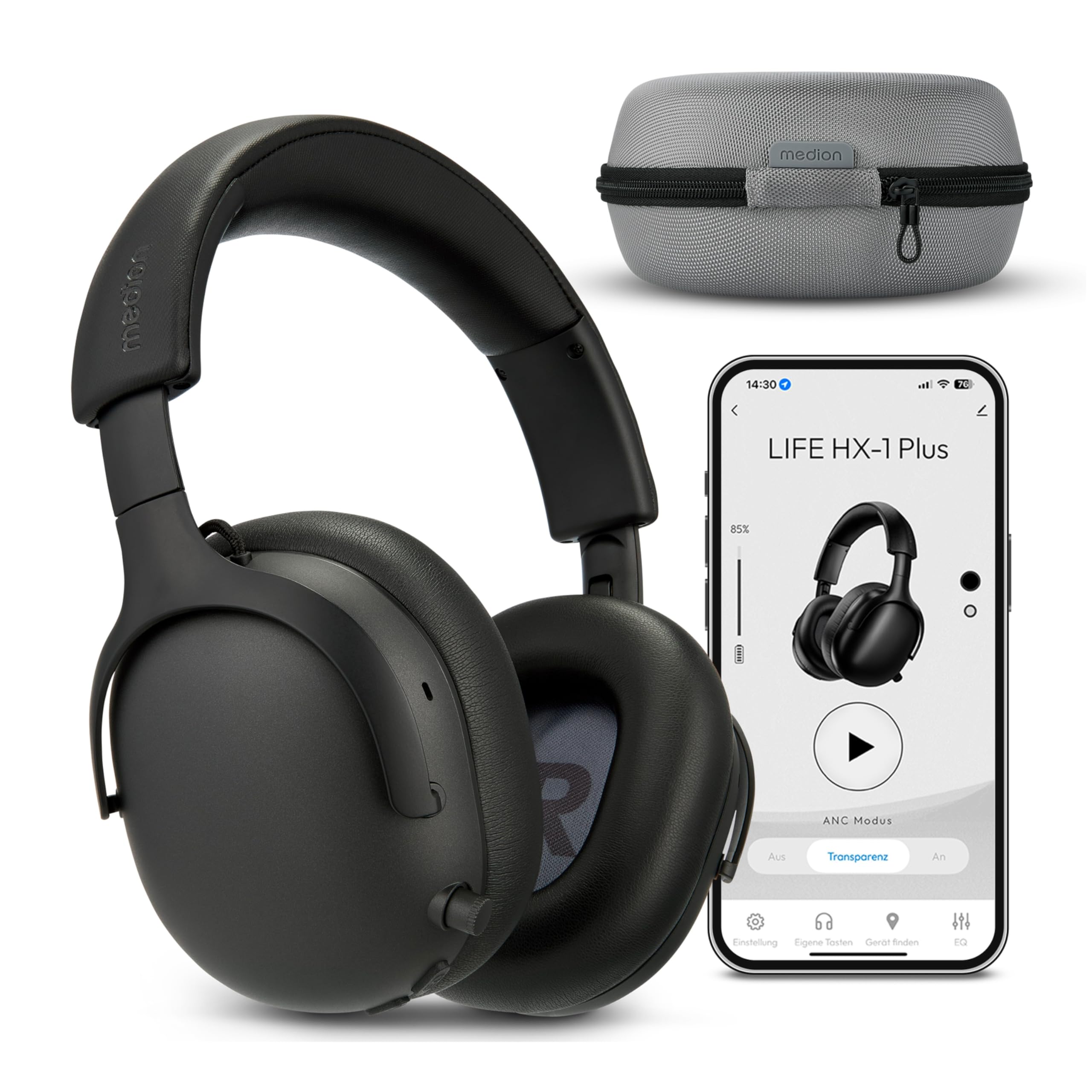 MEDION cuffie Over Ear HX-1 Plus (wireless, Feed Forward Noise Cancelling, Bluetooth 6.0, 5+1 preset EQ, fino a 100 h di autonomia, protezione dagli spruzzi IPX4), nero