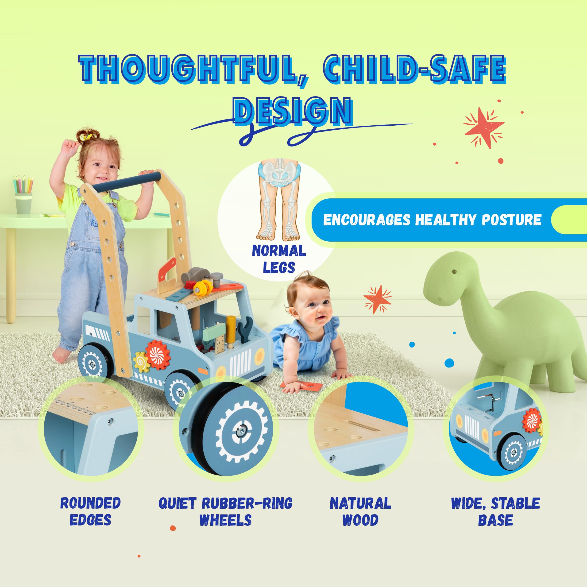 KAUZA Andador Bebé Madera 3 en 1, Montessori Caminador para Bebes 1–3 Años, Carrito con Almacenaje, Correpasillos Estable, Juguete Educativo Primeros Pasos, Centro Actividades Sensoriales, Asa Cómoda