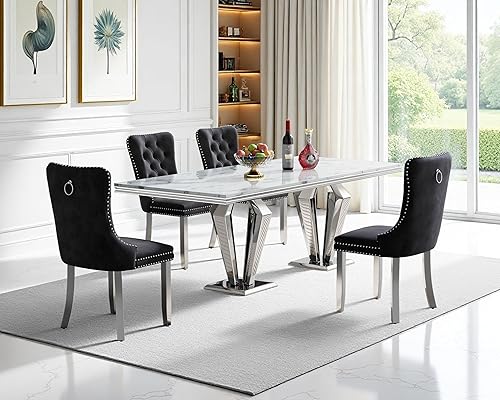 Miniatura 101 de Juego de mesa de comedor de mármol sintético, 7 piezas, juego de mesa de cocina y comedor para 6, mesa de comedor rectangular blanca de 70 pulgadas