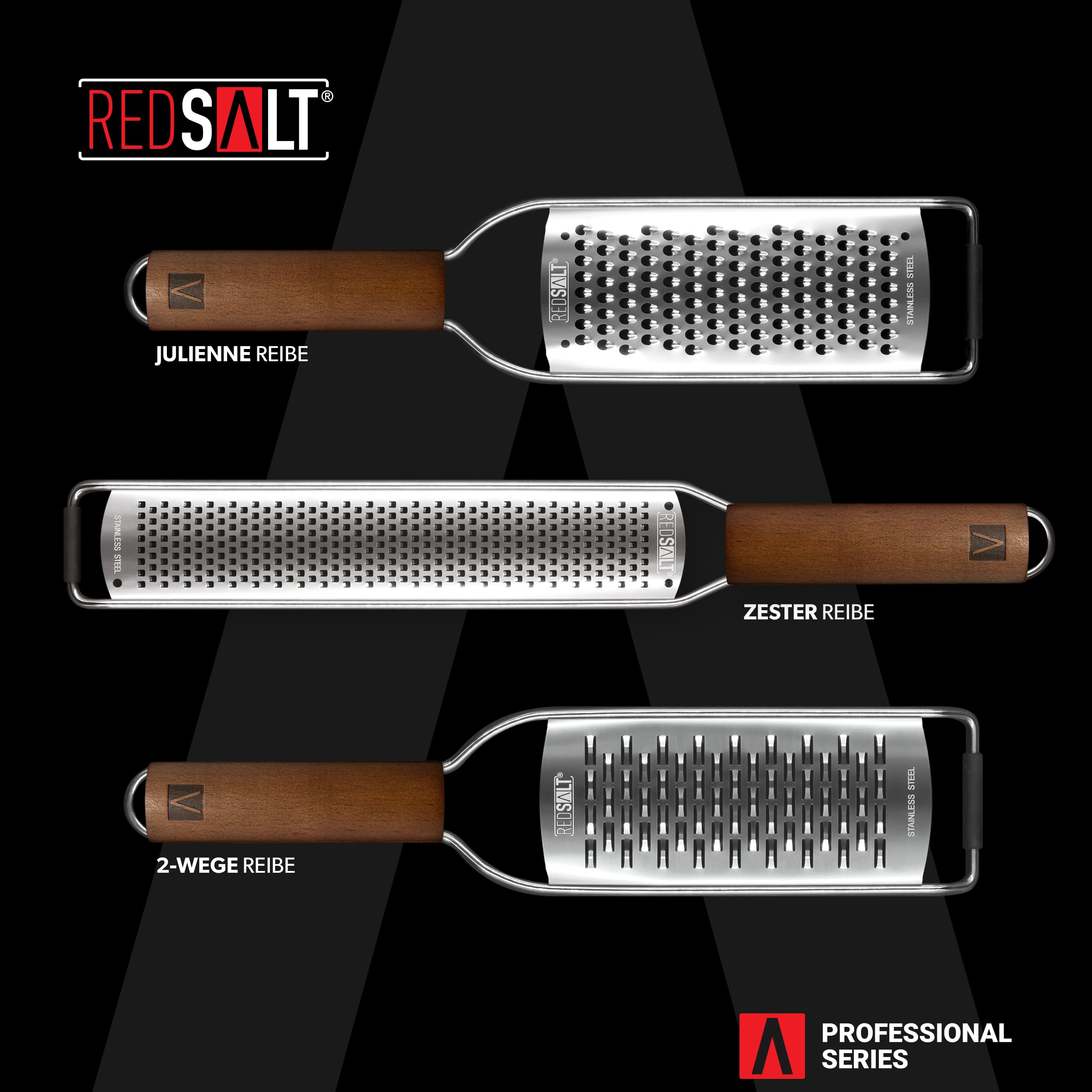 REDSALT Premium Zester grattugia in acciaio inox con manico in legno e piedini in gomma per la cucina, ideale per limoni, zenzero, carote, verdure, parmigiano, formaggio | affettatrice professionale