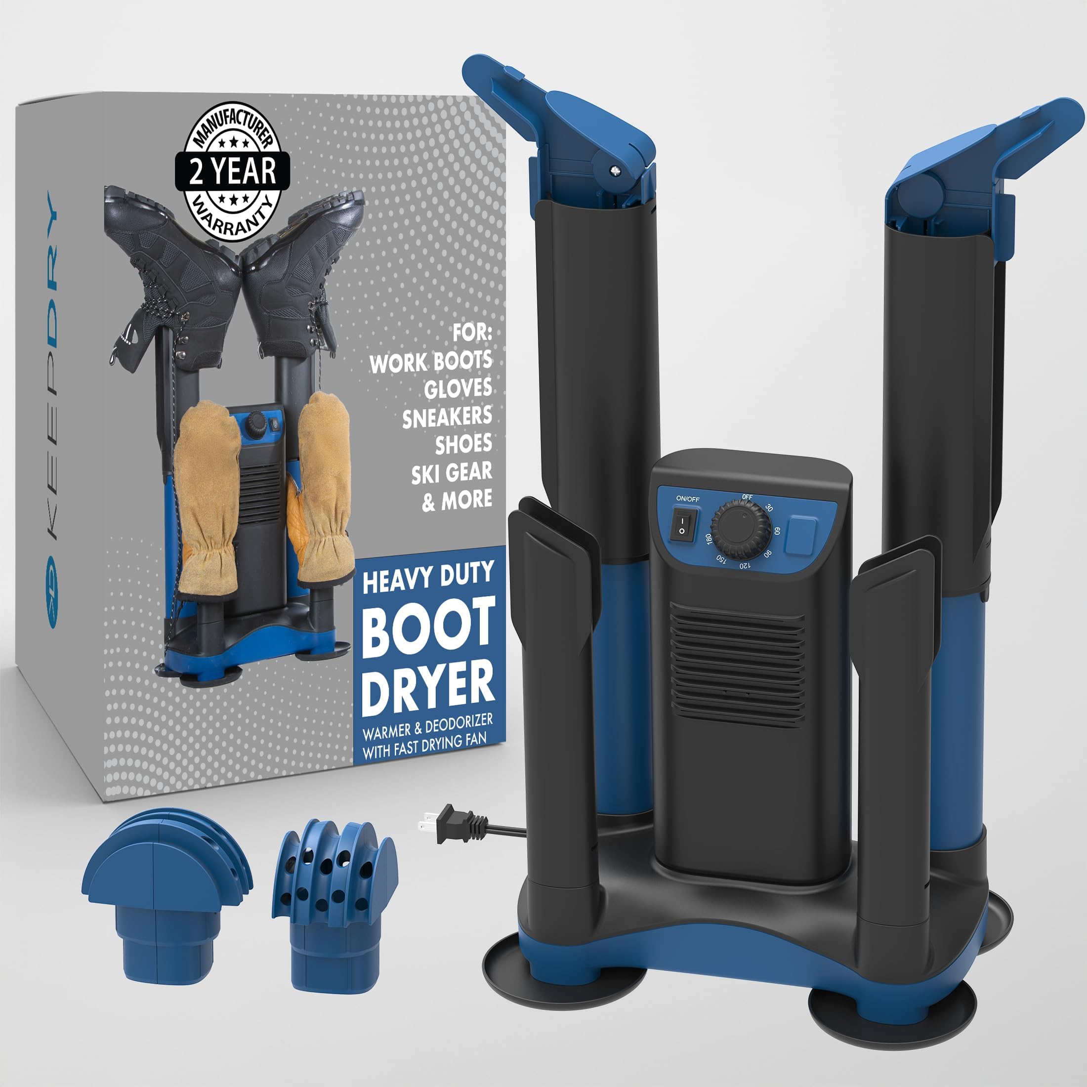 KeepDry Forced Heat Boot Dryer - Heavy Duty Shoe Dryer with Heat Switch & Timer - Quickly Dry Garments - Collapsible Drying Tubes