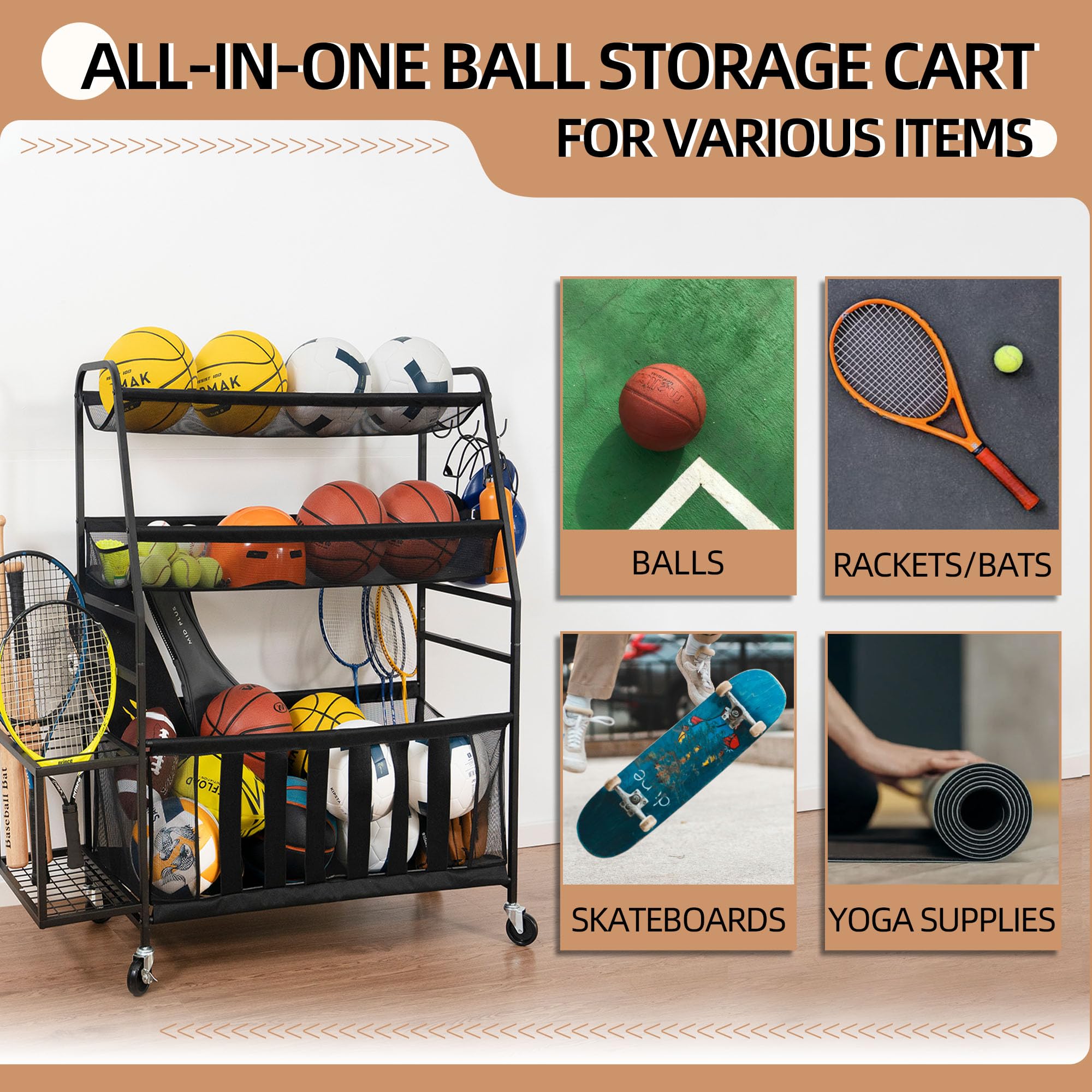 STORAGE MANIAC Ballwagen - Rollender Sportball Organizer Für Garage & Garten