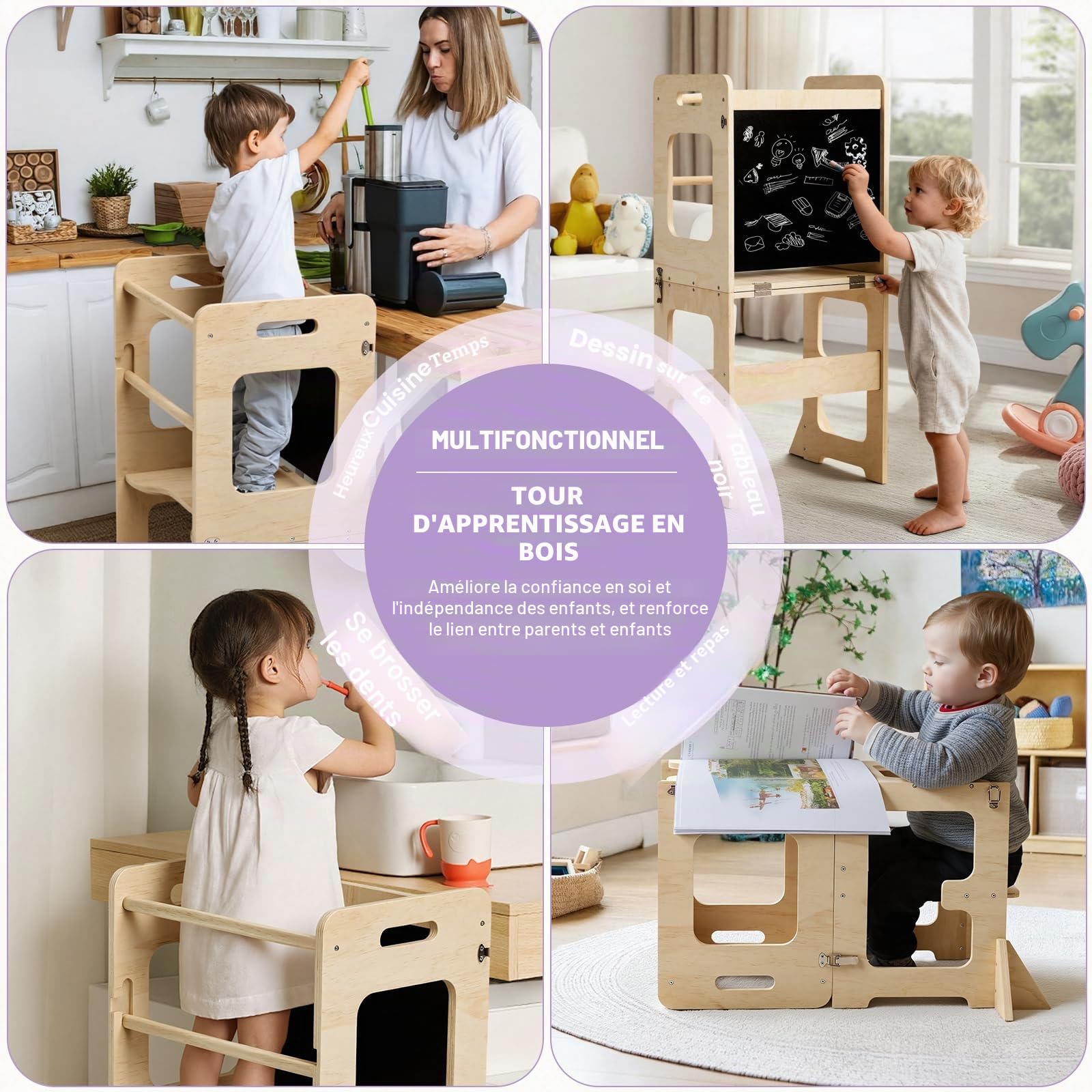 Labebe Tour d'apprentissage pour Enfants, Montessori Tour d'Observation avec Tableau Noir, 4 en 1 Pliable Bois Learning Tower