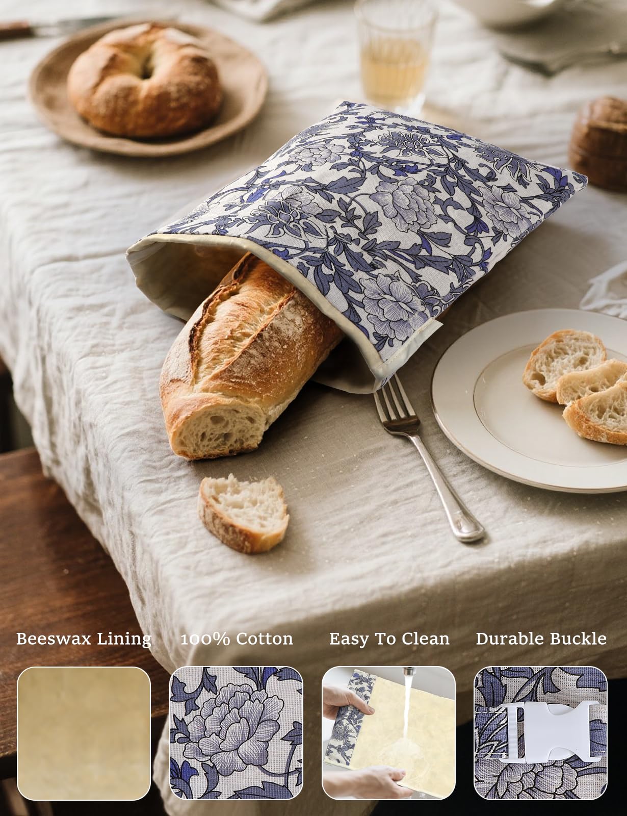 Bolsa de pan de cera de abeja (paquete de 2), bolsas de pan de lino reutilizables para uso casero, bolsa de almacenamiento de masa madre de gran capacidad, bolsas de masa madre para pan casero