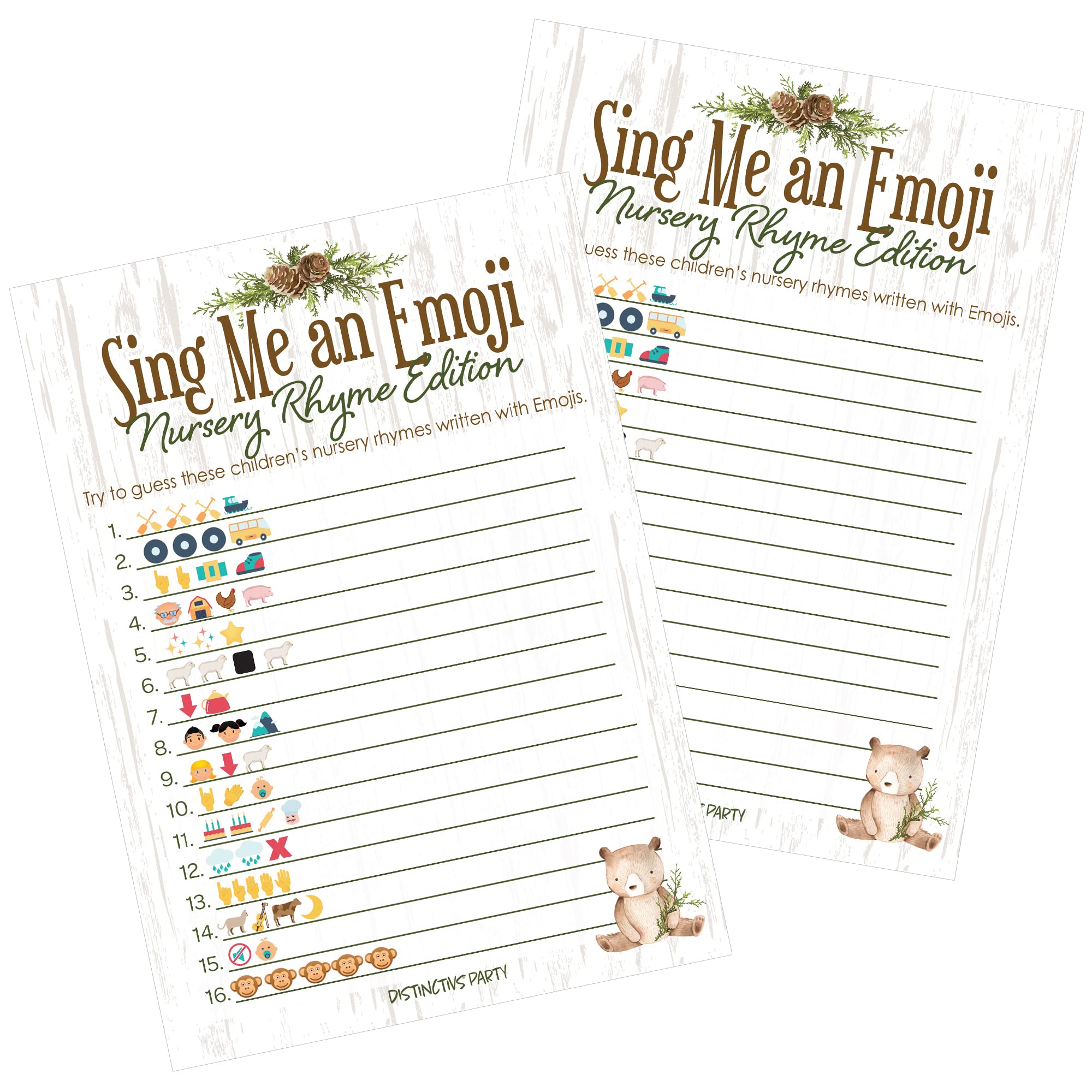 DISTINCTIVS Woodland Bear Baby Shower Emoji Game Cards - 20 Count
