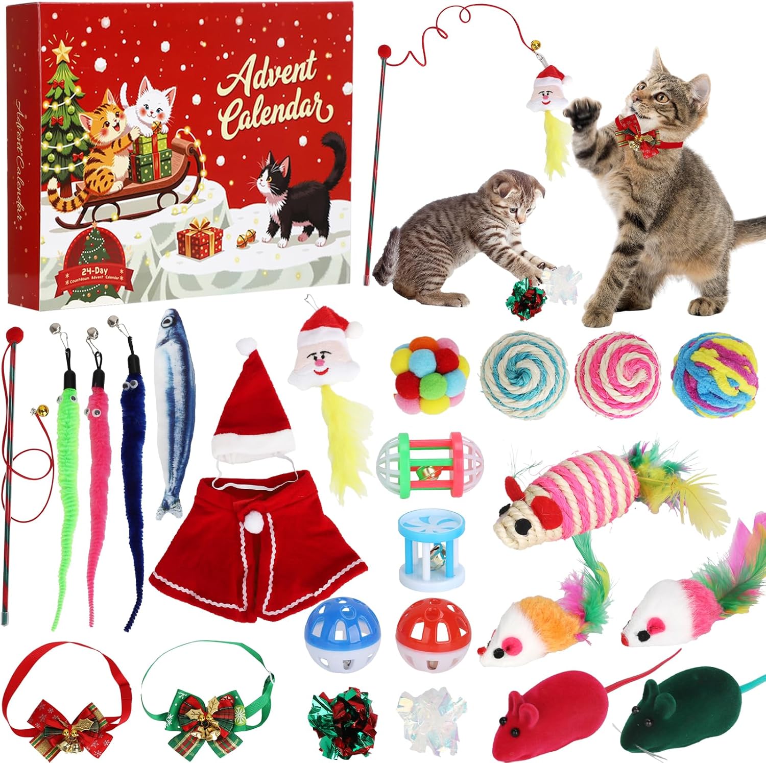 Cat Advent Calendar 2025, 24 Day Countdown to Christmas Cat Gifts with 24pcs Assorted Cat Interactive Toys Countdown Calendar for Kitten Flurry Friends