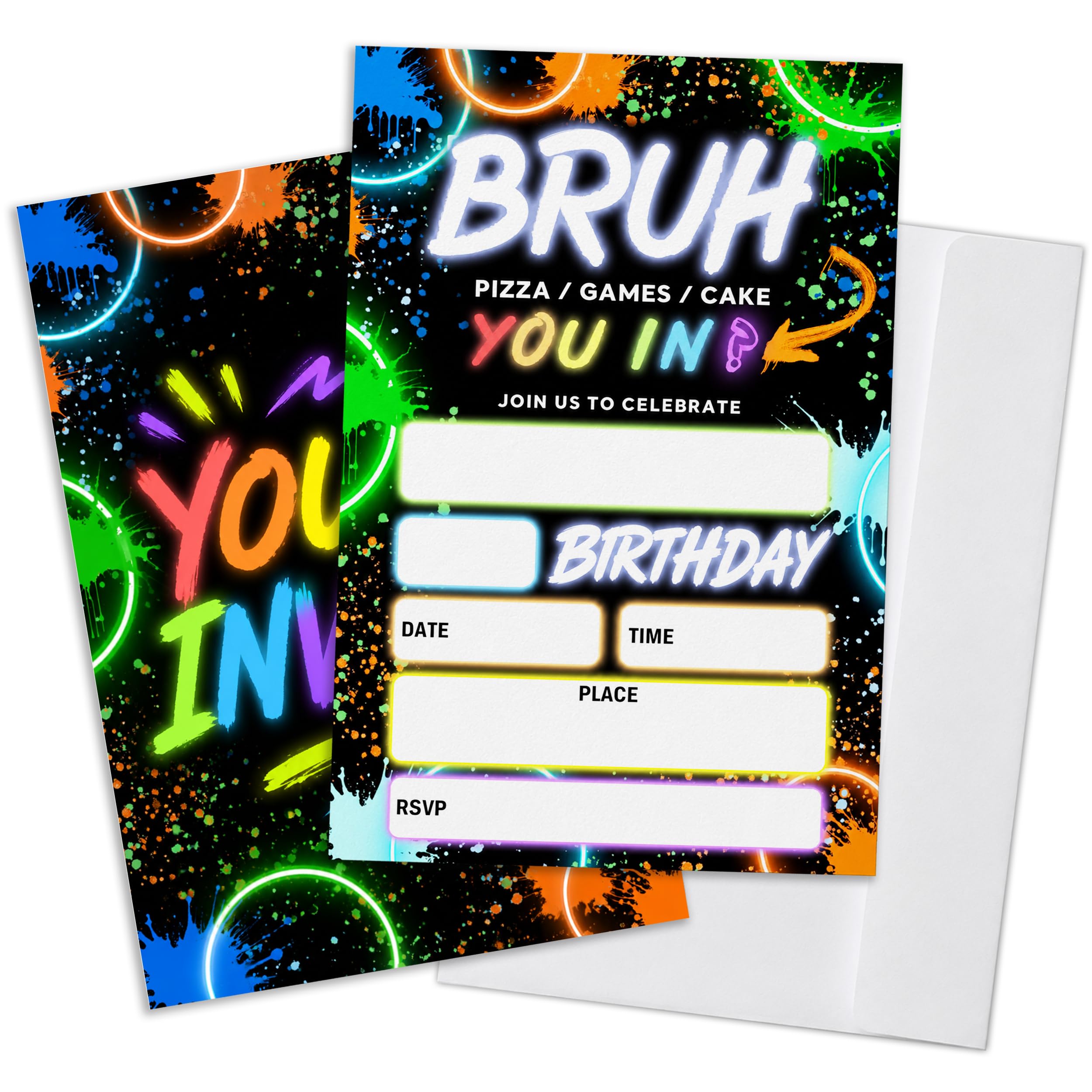 Qoamp Bruh Neon Birthday Invitations for Boys, Boys Games Birthday Party Invitations，Set of 20 Invites Cards Fill in Blank with Envelopes, Double Sided, 4x6 Inches