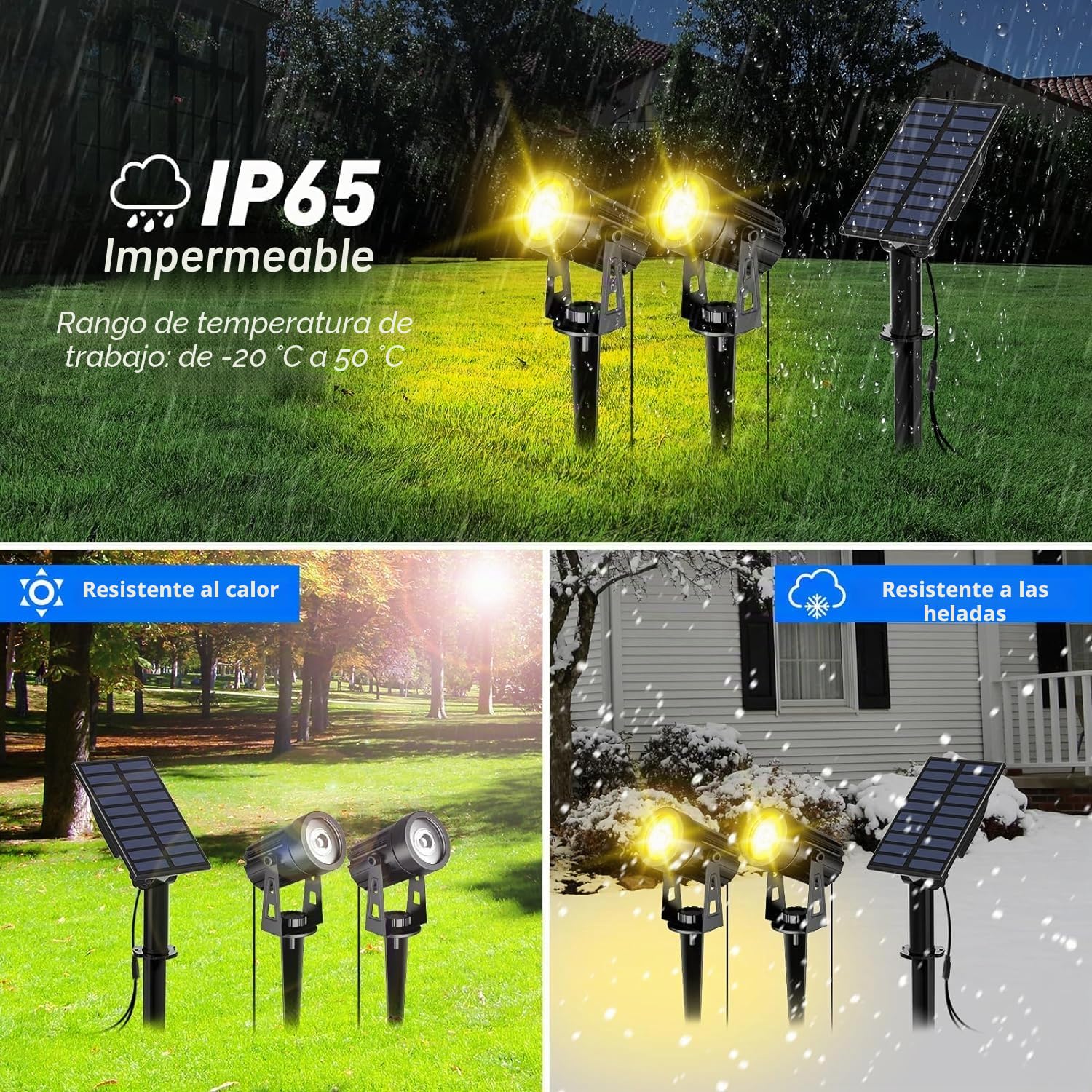 T-SUN Foco Solar Exterior 2 en 1 Luces Jardin 3000K Luz Super Brillante Iluminación, Impermeable IP65 Lámpara Solar para Camino/Césped