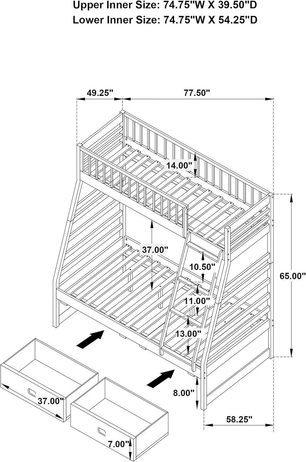 Coaster Home Furnishings Ashton Transitional Wood Twin Over Full Size Bunk Bed Frame with Ladder and Guardrails with Two Storage Drawers Fully Slatted Mattress Ready Foundation White 460180 | Transitional Wood