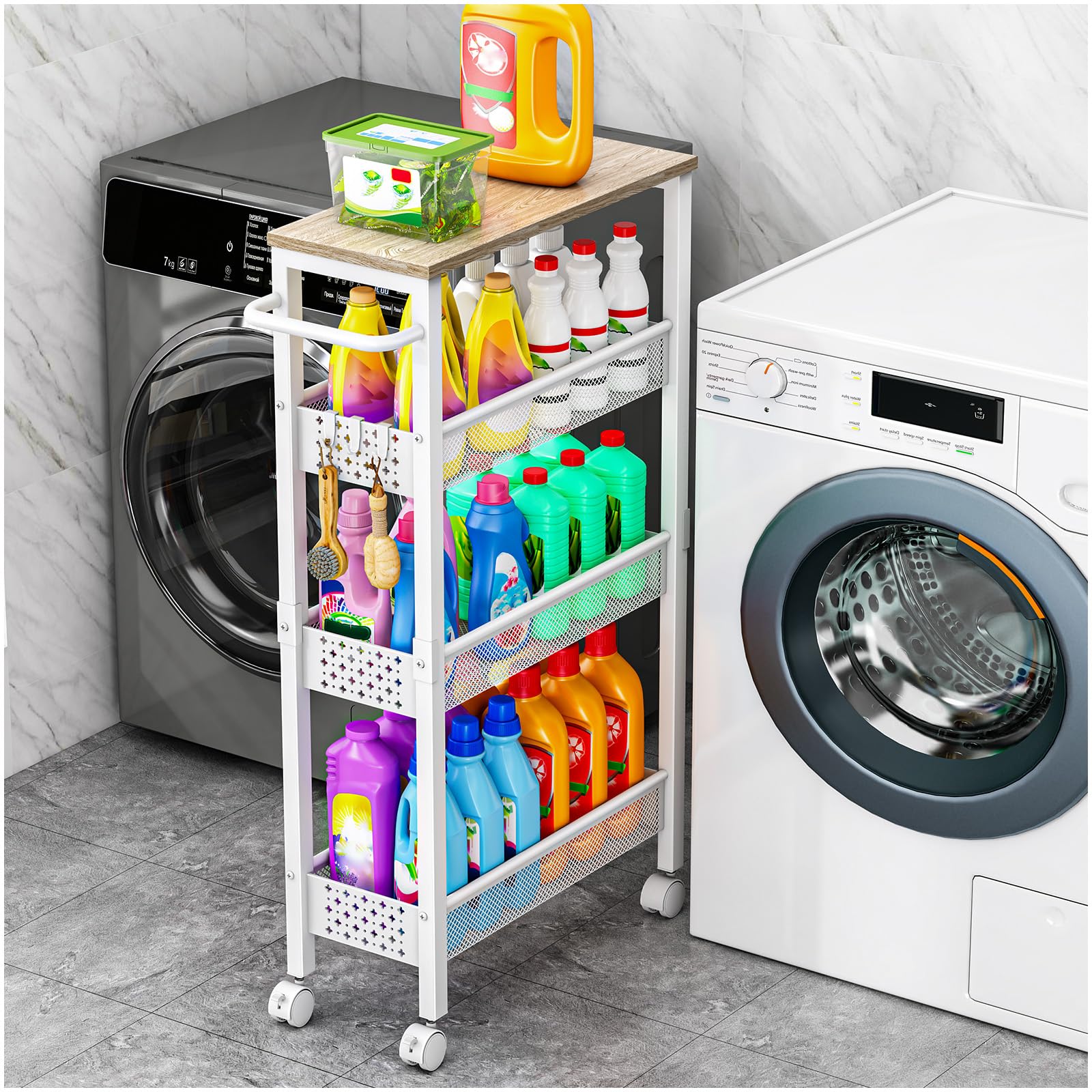 Carrito de Cocina Estrecho de 4 Niveles,Carrito con Ruedas y Estante de Madera,Carrito de Servicio de Metal con asa para Espacios pequeños–Cocina,Baño,Salón–Blanco 4 Ebenen