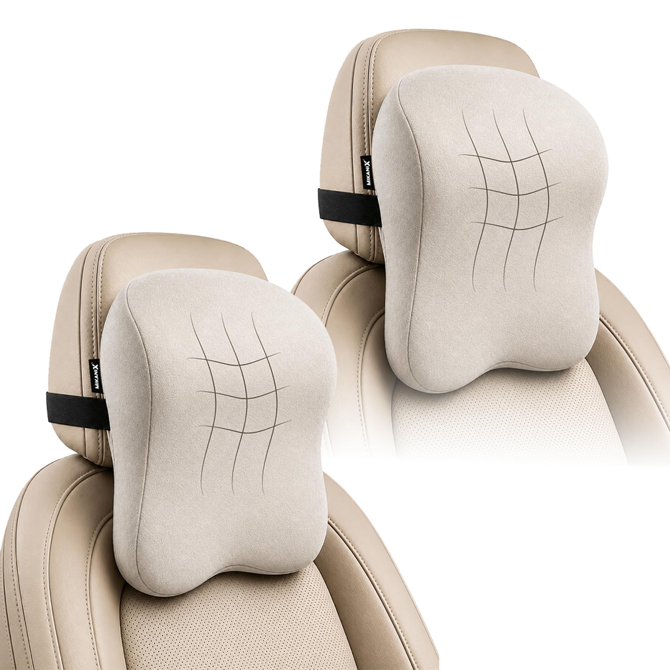 mikanix car neck rest pillow | seat cushion | 2 years warranty | ultra soft memory foam for neck and cervical support to relief neck pain & reduced tension (velvet beige pack of 2)
