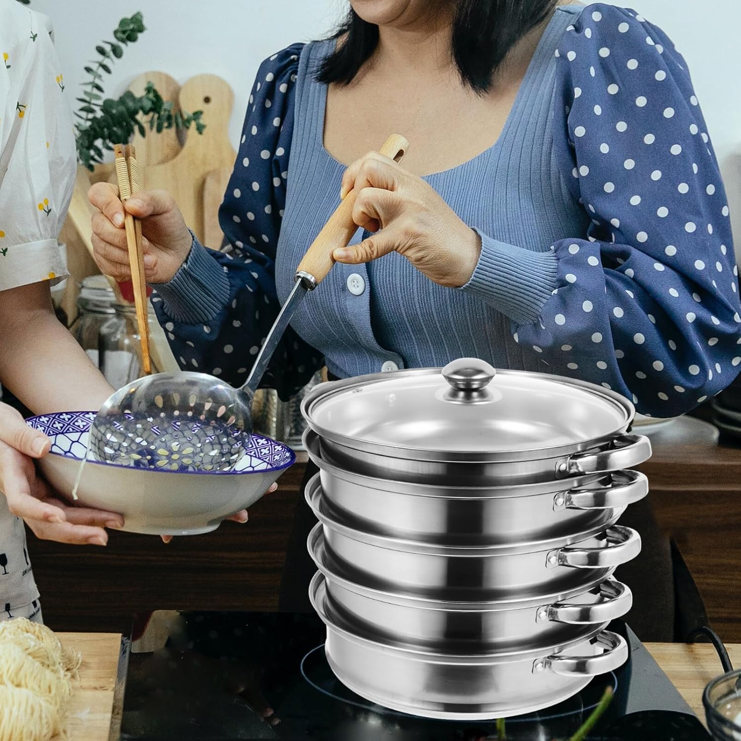 Aluminum Pot Steaming Pot 5- Layer Steaming Cookware with Tempered Glass Lid 28cm Dim Sum Basket