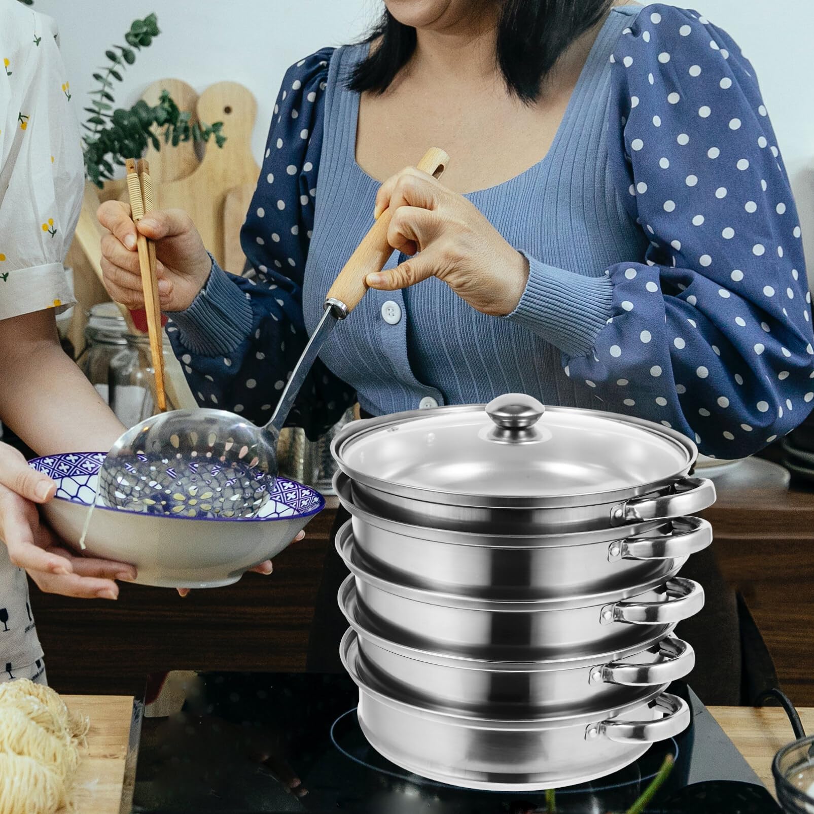 DOITOOL Aluminum Pot Steaming Pot 5- Layer Stainless Steel Pot Steaming Cookware Saucepot with with Tempered Glass Lid 28cm Cooking Pots Dim Sum Basket