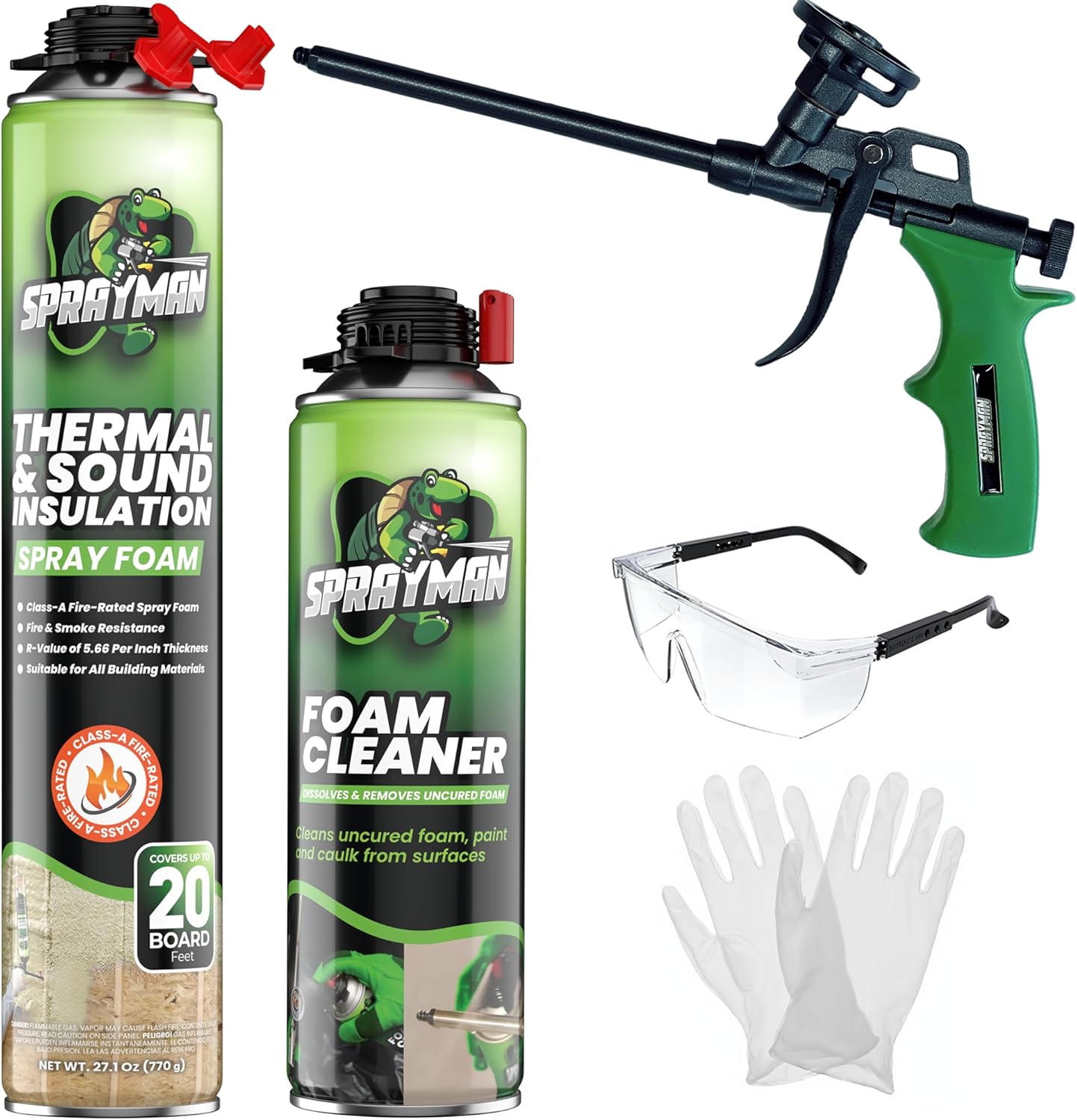Sprayman Spray Foam Insulation Kit (20 Sq.Ft.) - Closed Cell Polyurethane Expanding Foam Sealant, Thermal & Acoustic Protection for Wall and Attic - Gun & Cleaner Included, 27.1 oz, 1 Pack