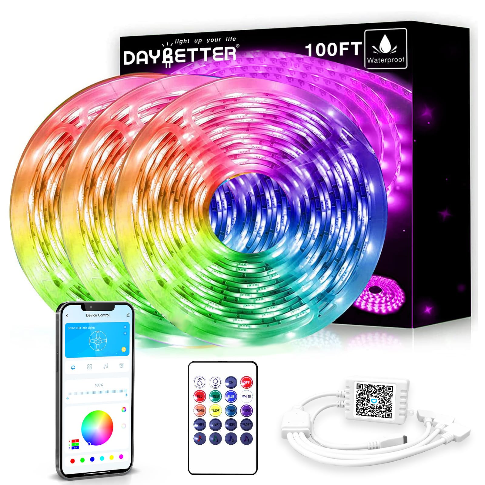 DAYBETTER Waterproof Led Lights for Bedroom, 100ft (3 Rolls of 32.8ft) Led Strip Lights, 900 LEDs Color Changing RGB 44 Keys Remote Controller, 12v for Outdoor Room Home Party Christmas Decoration
