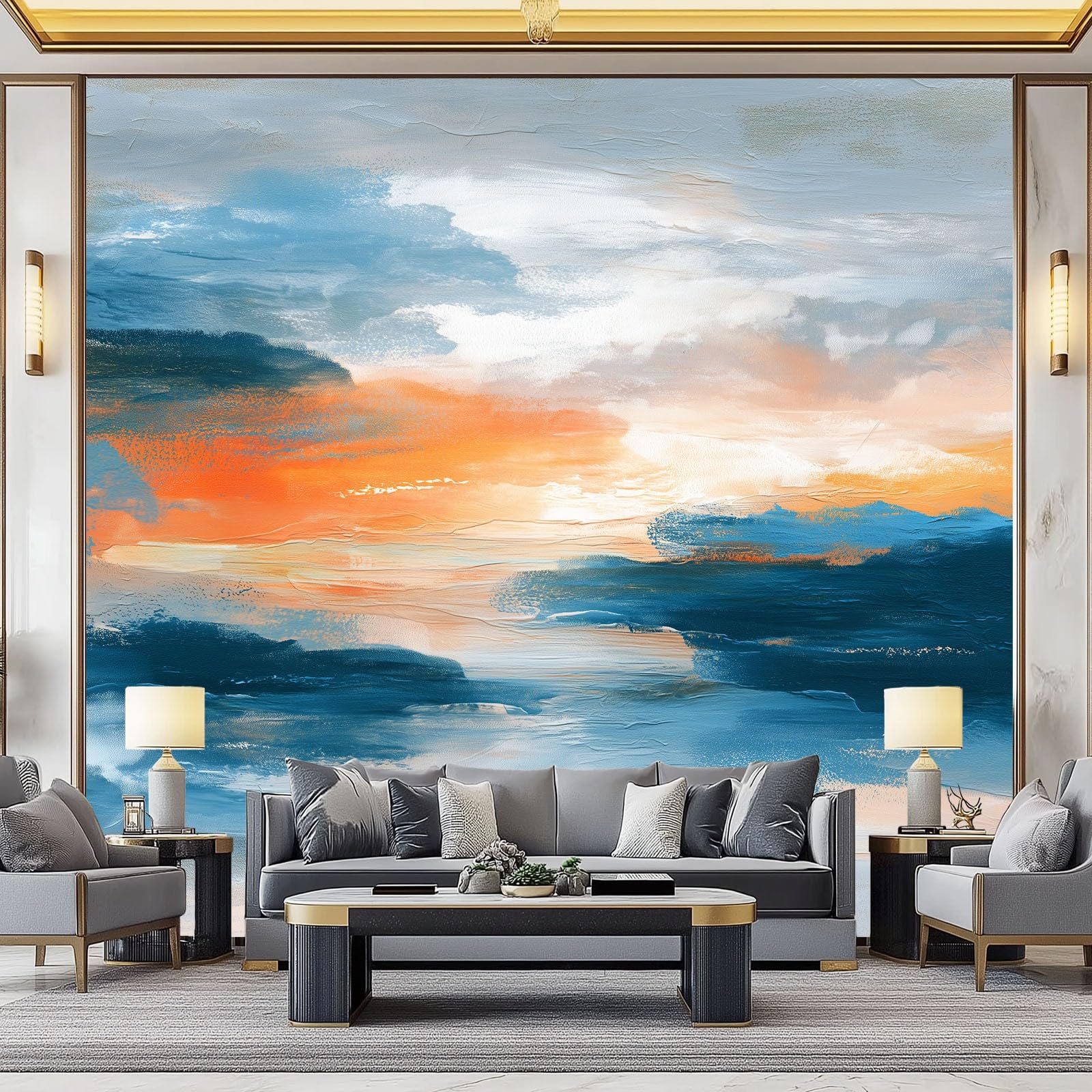 Papier peint panoramique intissé vagues abstraites 350x256 cm pour décoration de salon et chambre