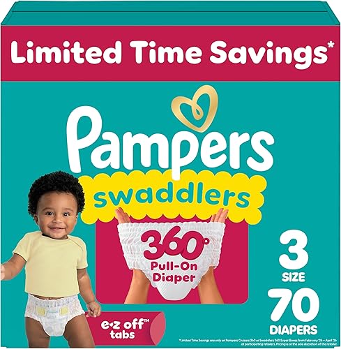 Pañales Pampers - Swaddlers 360° - Talla 3, 70 unidades, hasta 100% de protección contra fugas, ajuste cómodo y seco, diseñado para cambios fáciles,