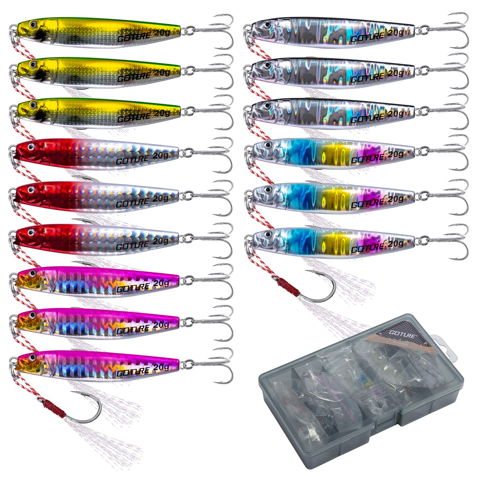 Goture 15pcs 20g Vertical Jigs, Saltwater & Freshwater, Jig Fishing Lures with Assist & Treble Hooks, Tackle Box, for Tuna, Salmon, Bass โ image 1